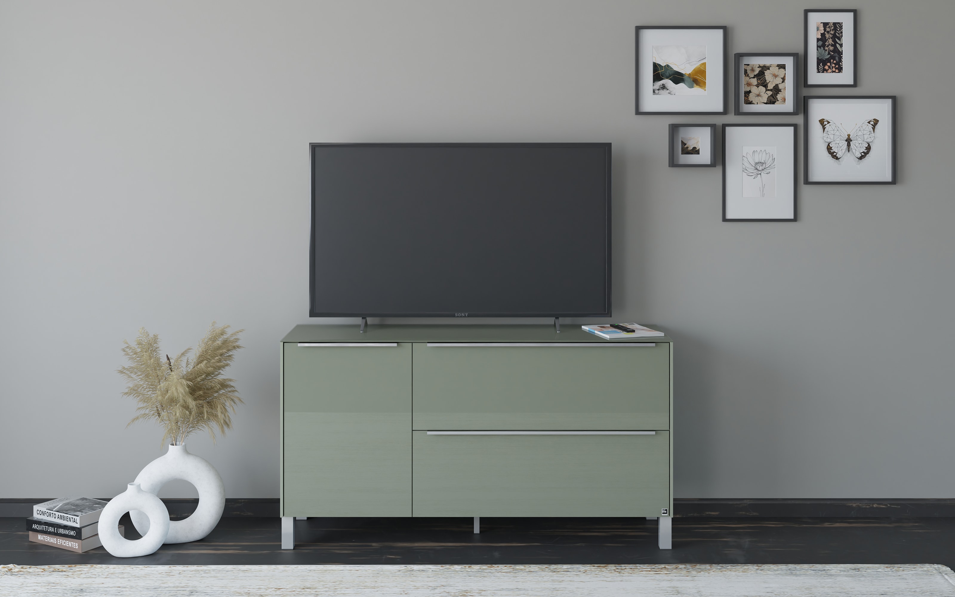 Lowboard Reno, olivgrün/Edelstahl-Nachbildung