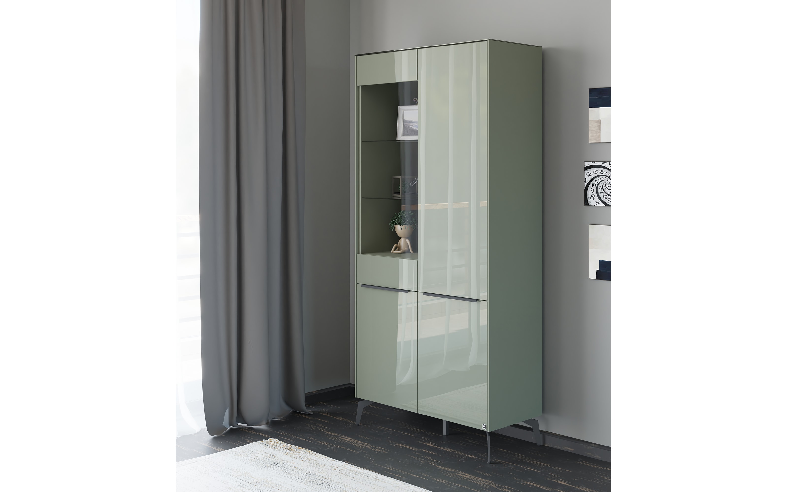 Vitrinenschrank Reno, olivgrün/graphit