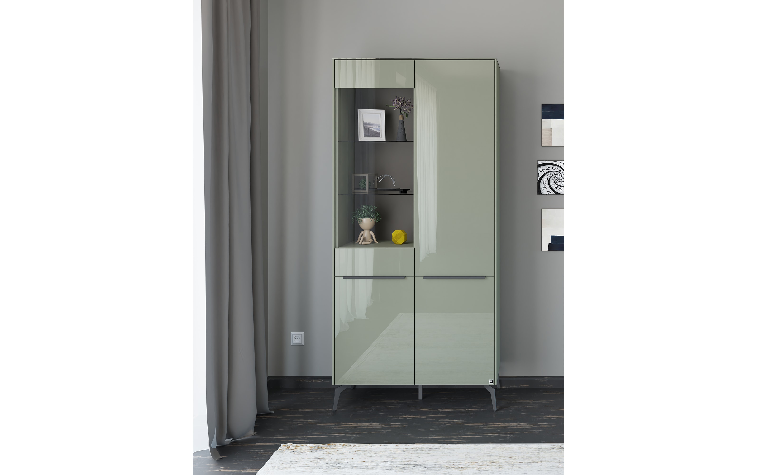 Vitrinenschrank Reno, olivgrün/graphit