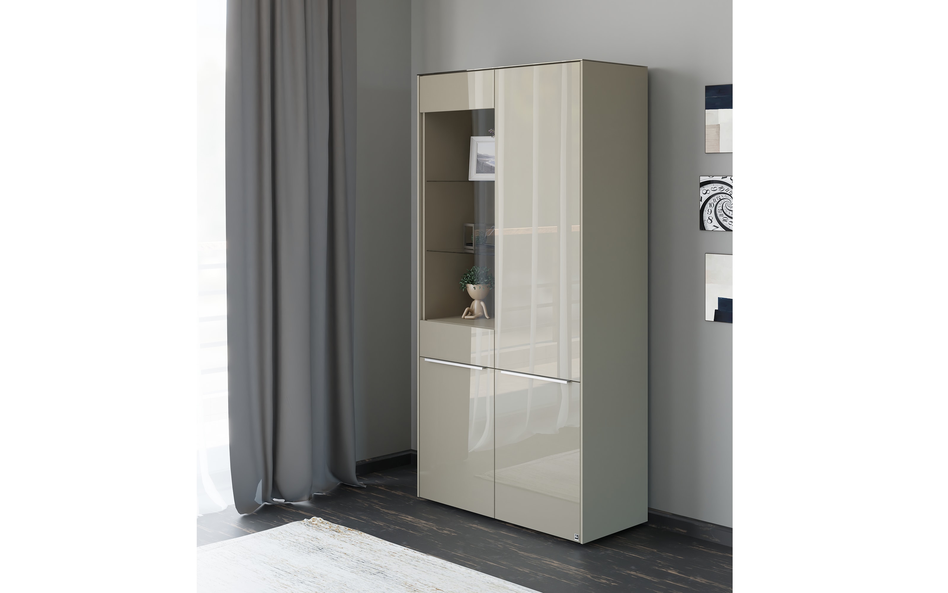 Vitrinenschrank Reno, taupe/Edelstahl-Nachbildung