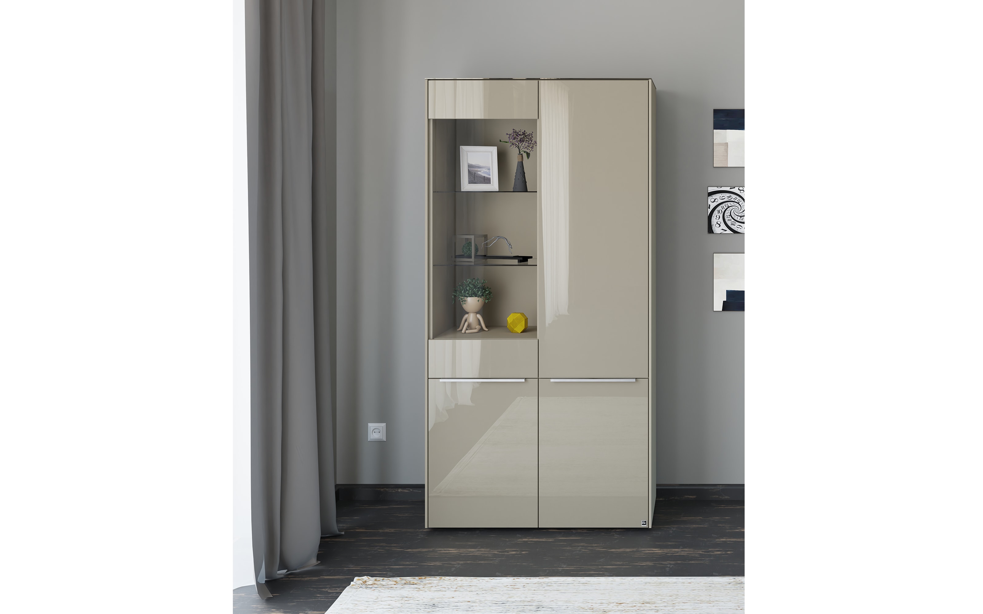 Vitrinenschrank Reno, taupe/Edelstahl-Nachbildung