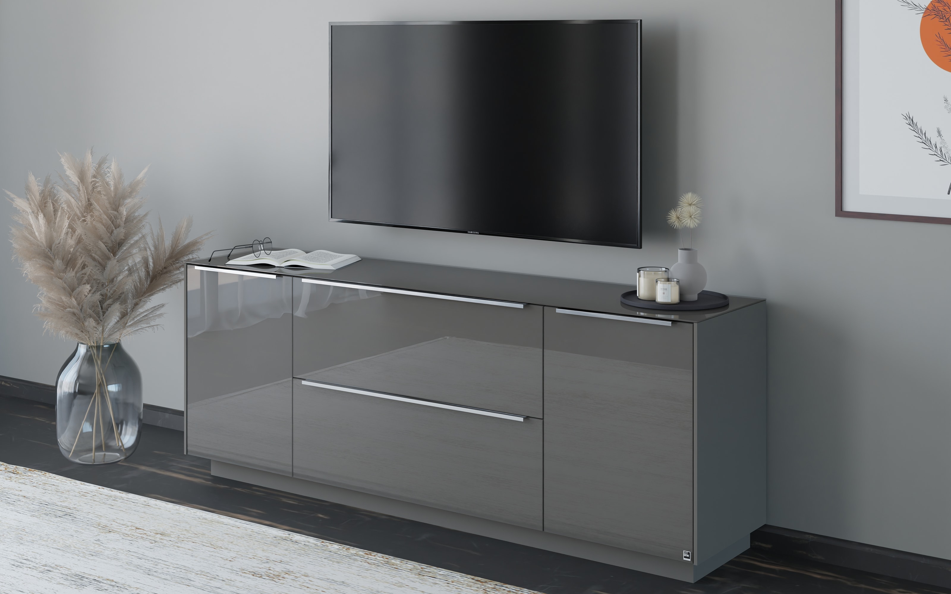 Lowboard Reno, anthrazit/Edelstahl