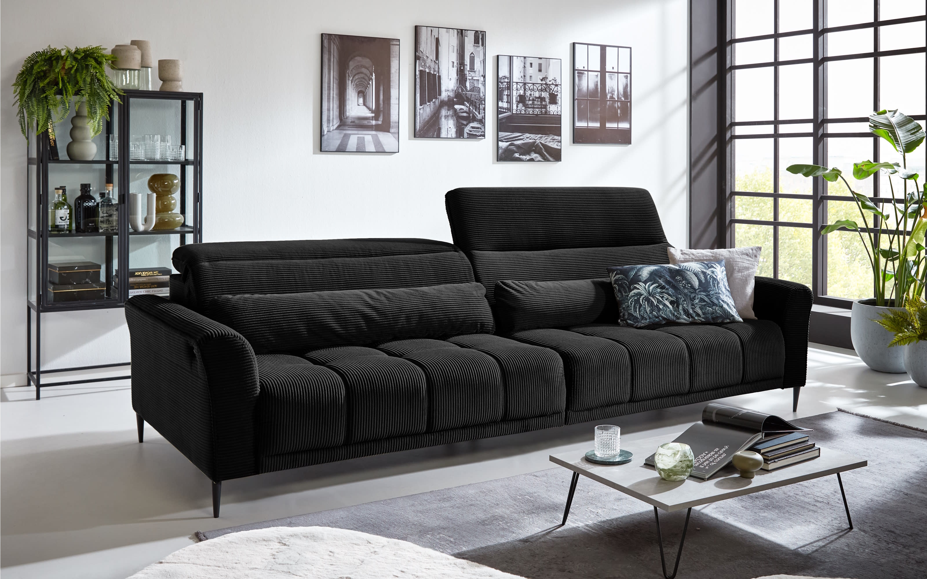 Big Sofa Logan, schwarz, inkl. XXL elektrischer Sitztiefenverstellung links