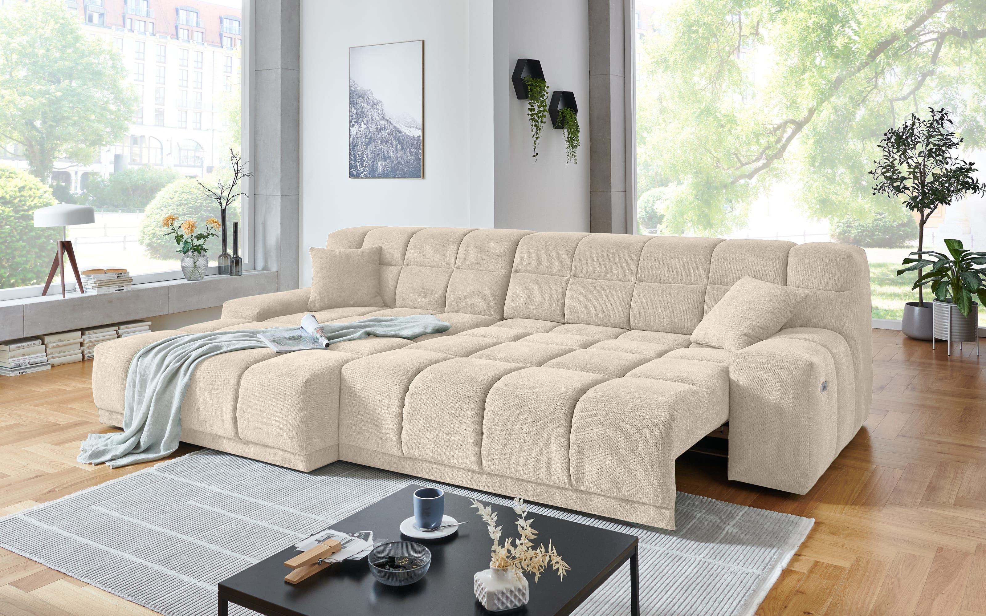 Wohnlandschaft London, beige, inkl. elektrischer Sitztiefenverstellung