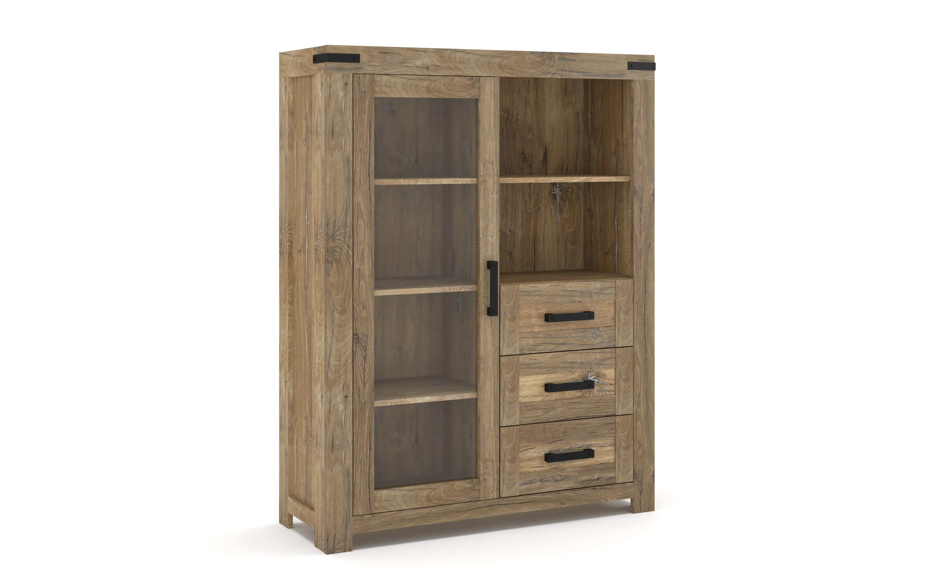 Vitrine Joana, Rustic-Eiche massiv, Holzdekor