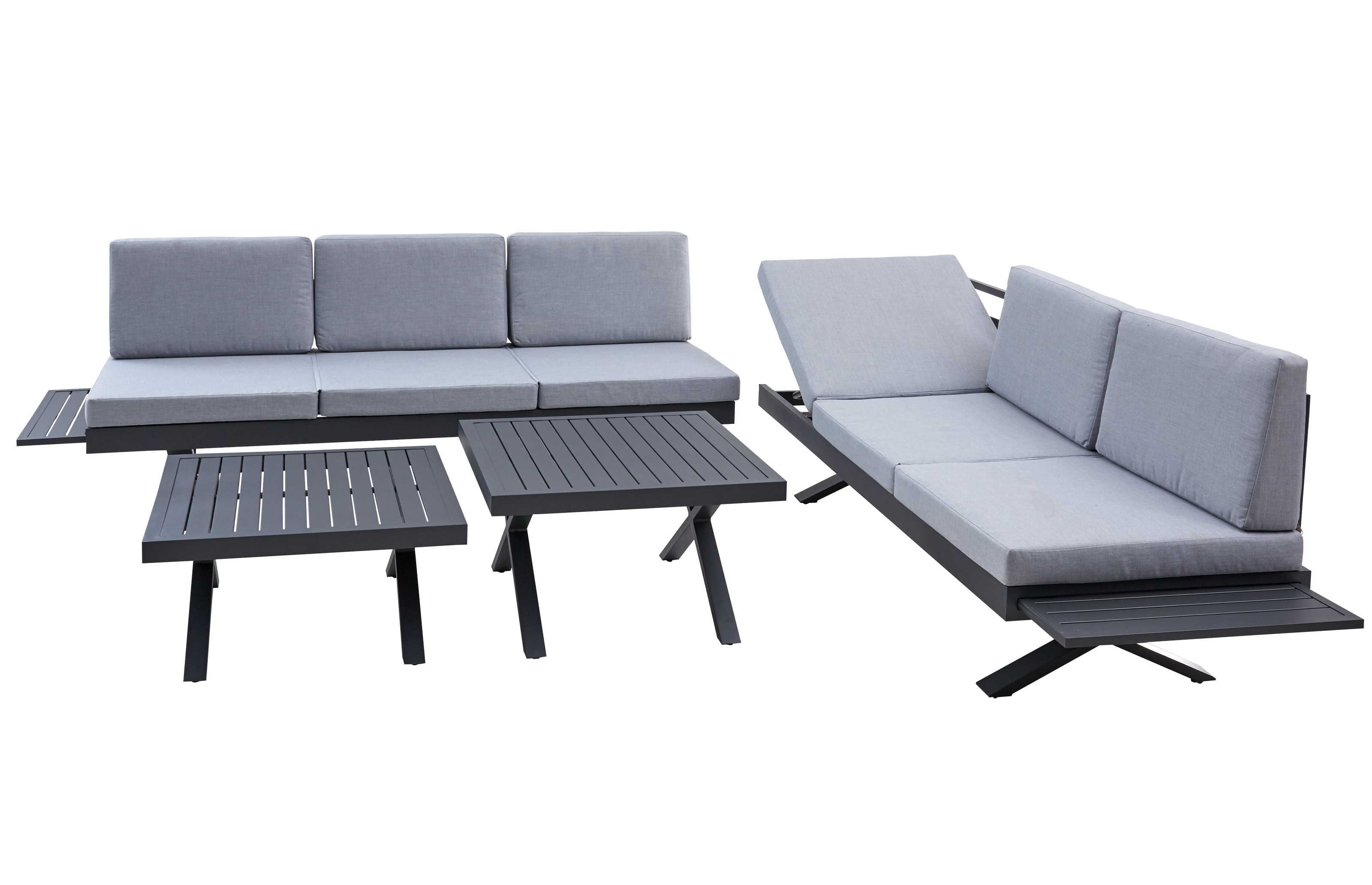 Gartensofa Rieke, hellgrau, Auszugstisch vorstehend links, Kopfteilverstellung rechts