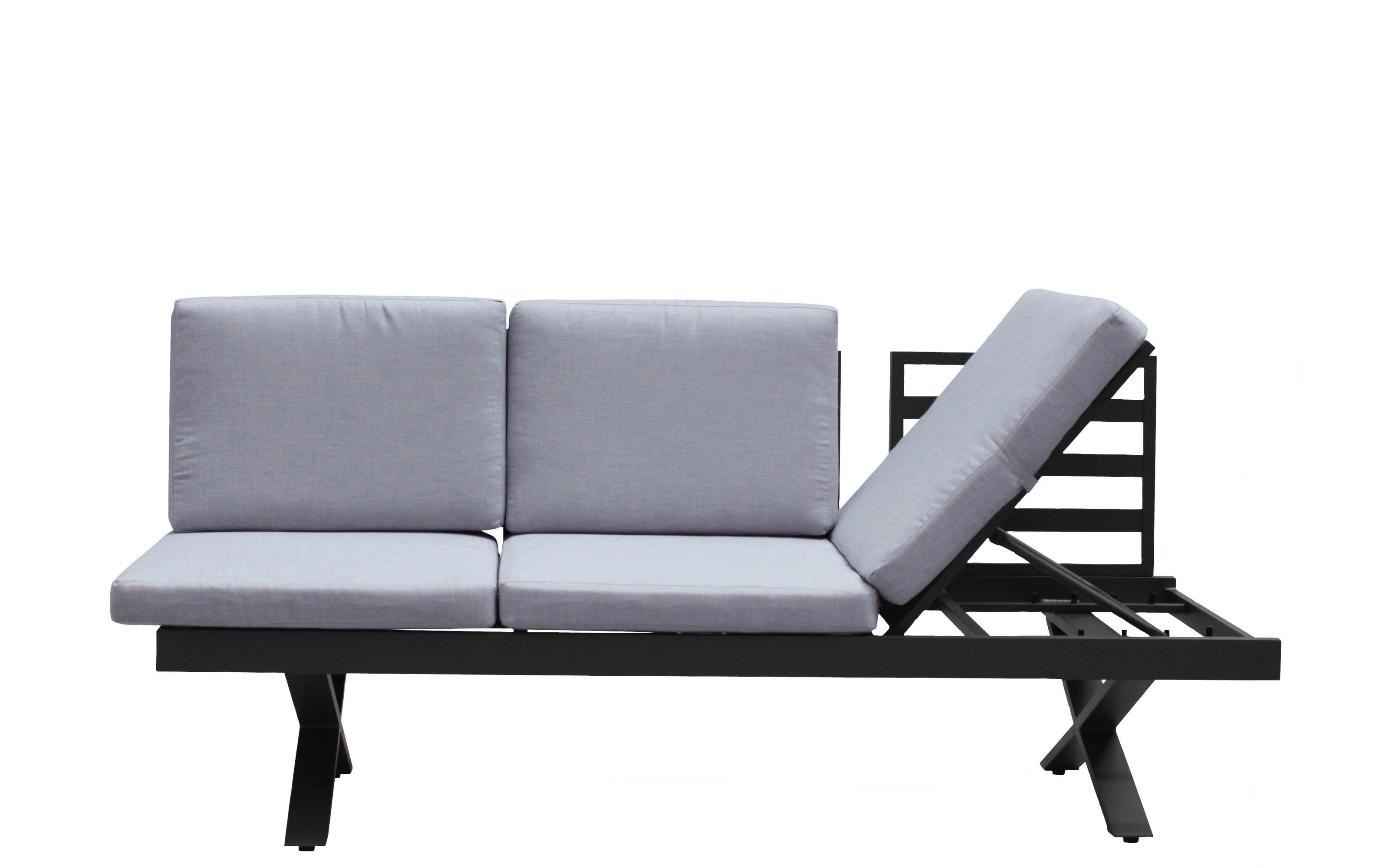 Gartensofa Rieke, hellgrau, Auszugstisch vorstehend links, Kopfteilverstellung rechts