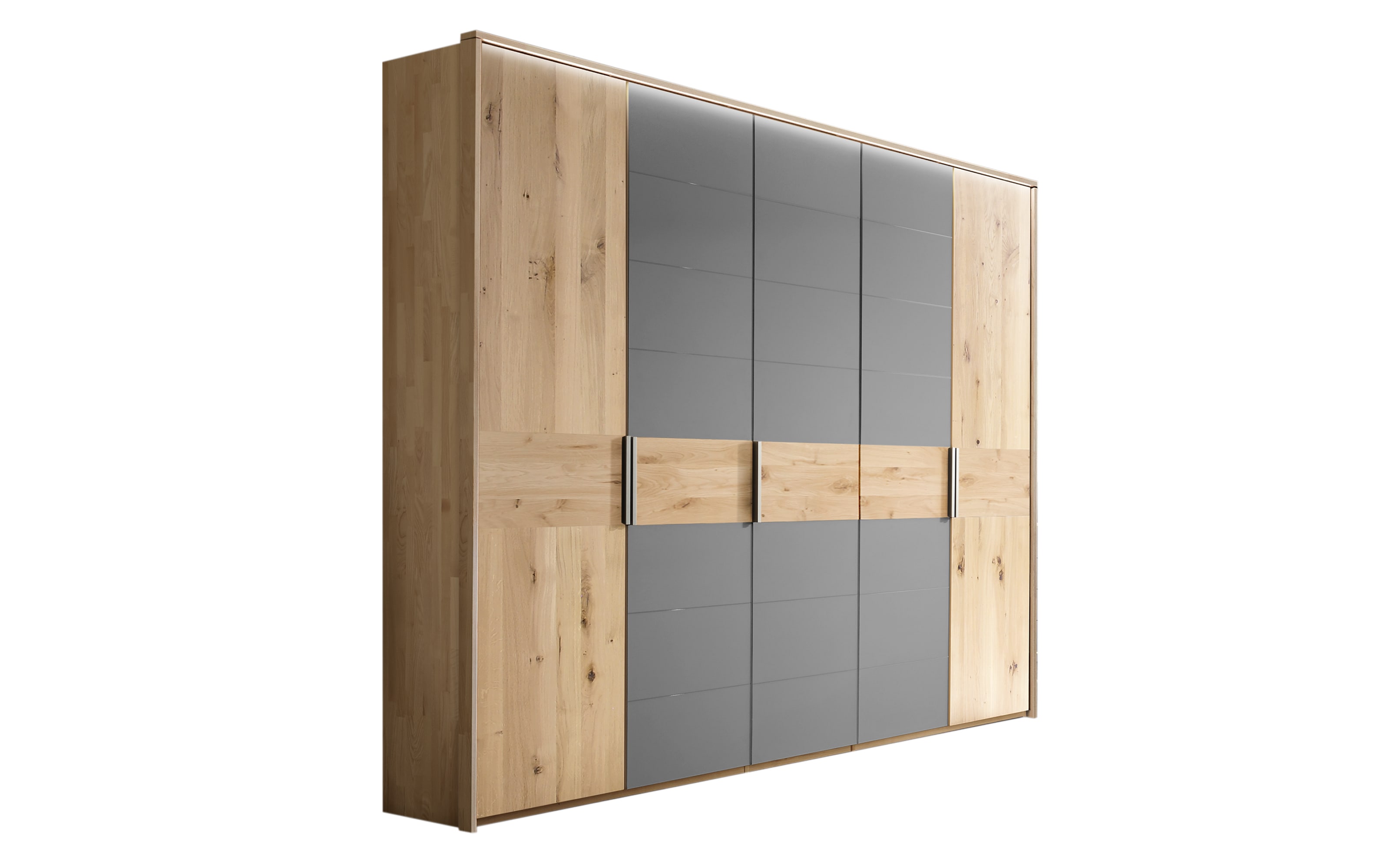 Drehtürenschrank Mira, grau/Wildeiche massiv, 250 x 225 cm