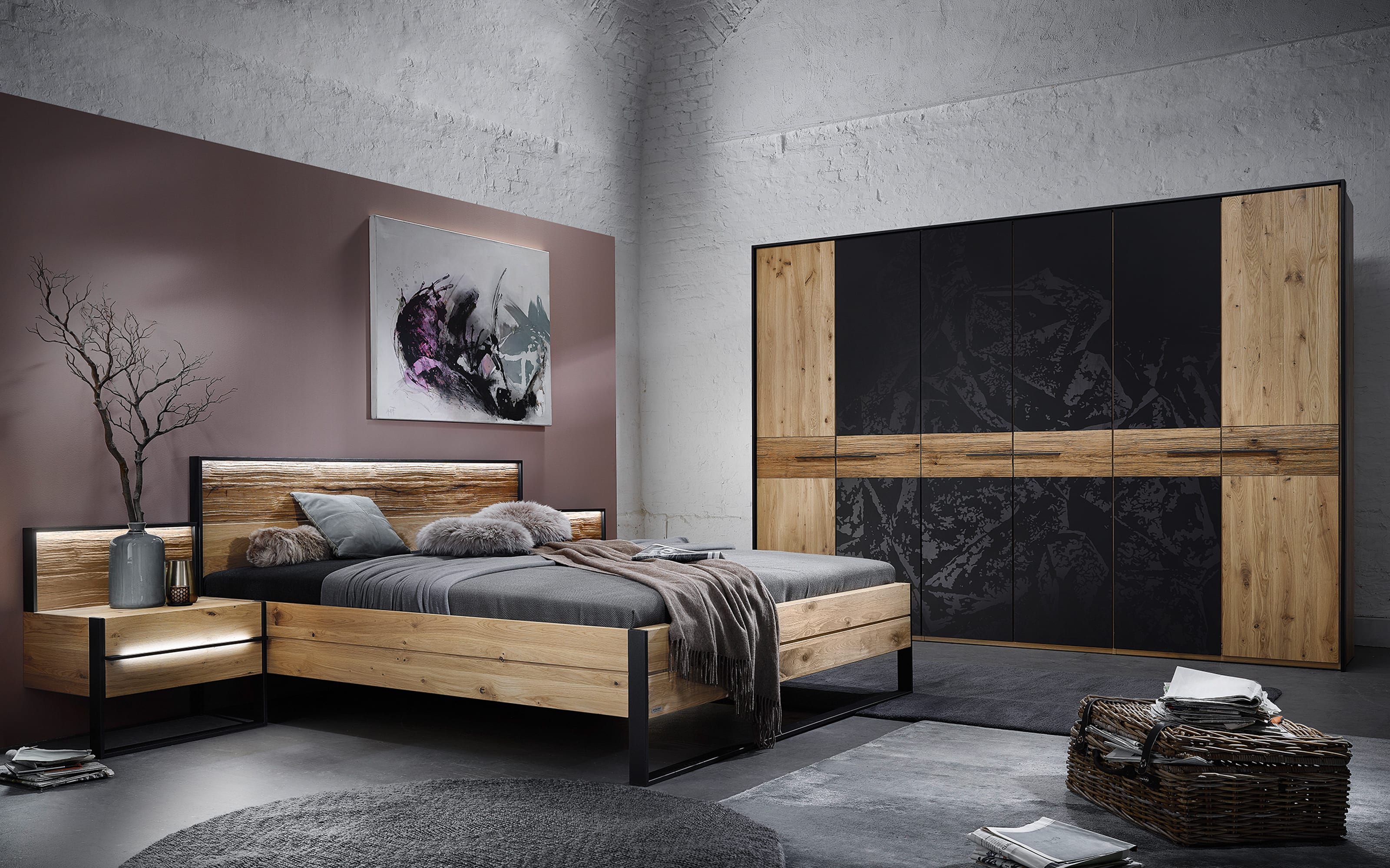 Schlafzimmer Steel, Wildeiche gebürstet, 180 x 200 cm, Schrank 299 x 222 cm