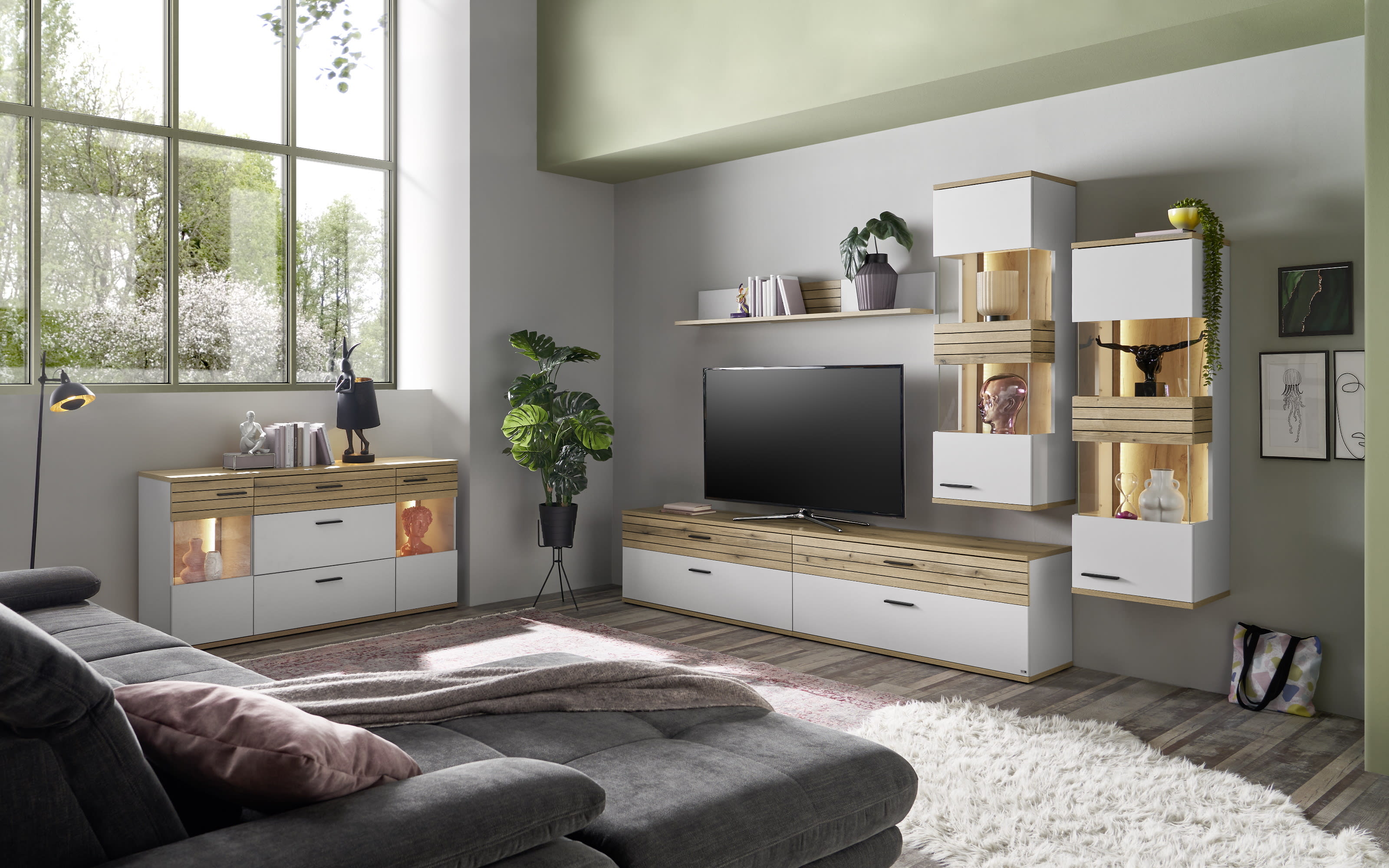 Sideboard QUINCY, grau/Eiche-Nachbildung, inkl. LED-Beleuchtung