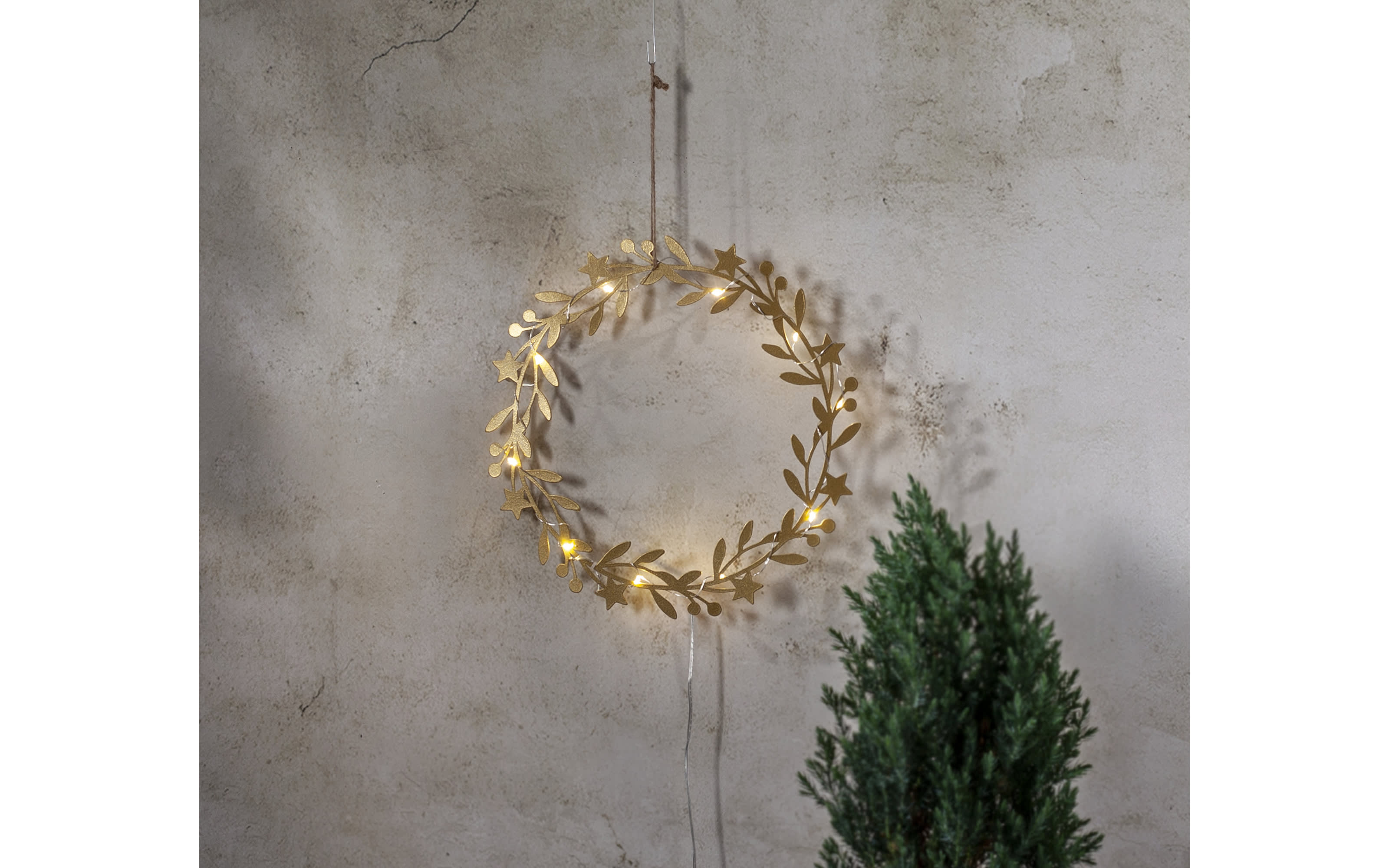 Metall Kranz mit Beleuchtung Holiday, goldfarbig, 28 cm