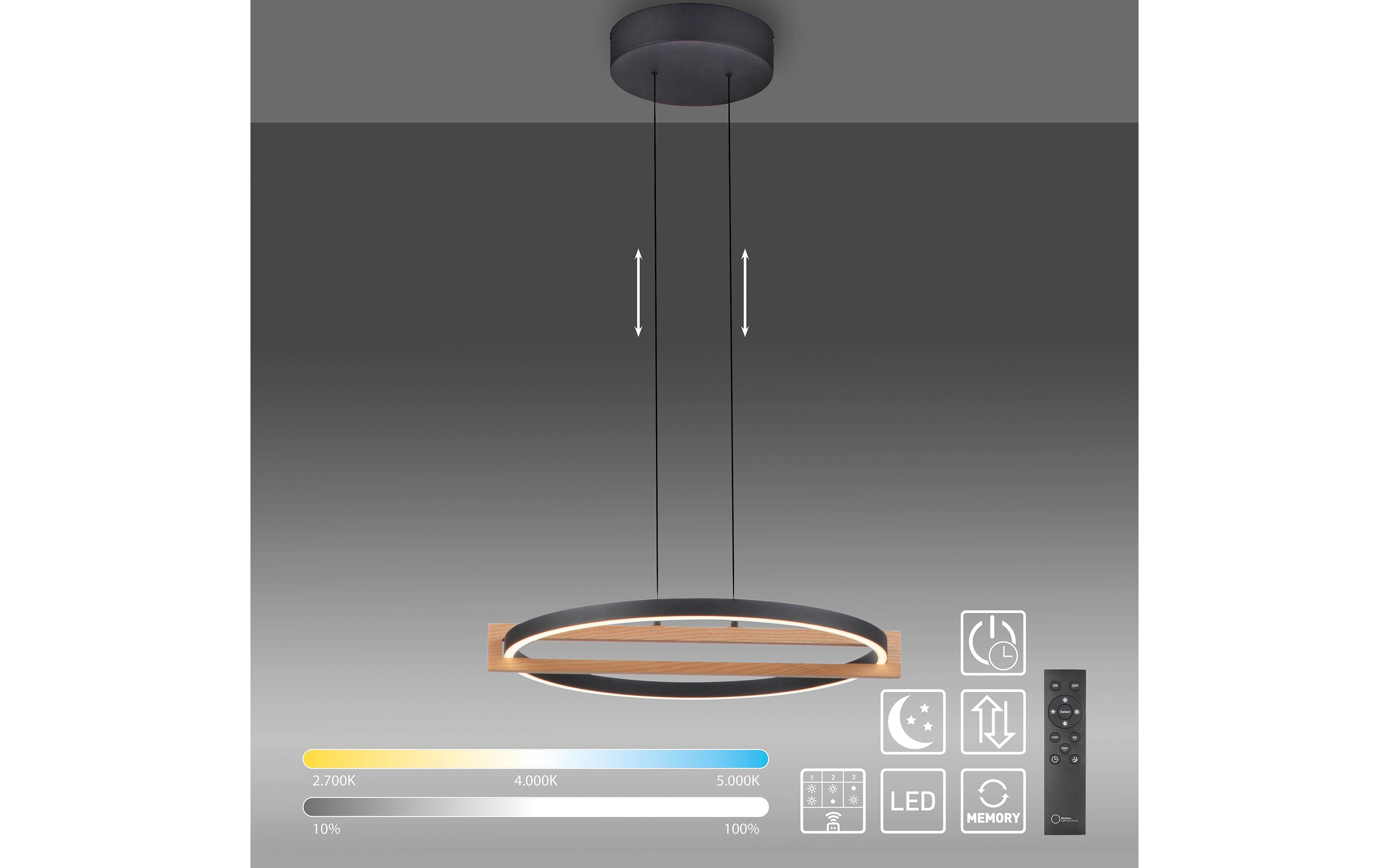 LED-Pendelleuchte Mondo Famera, holz/schwarz, 1-flammig, inkl. CCT und Fernbedienung