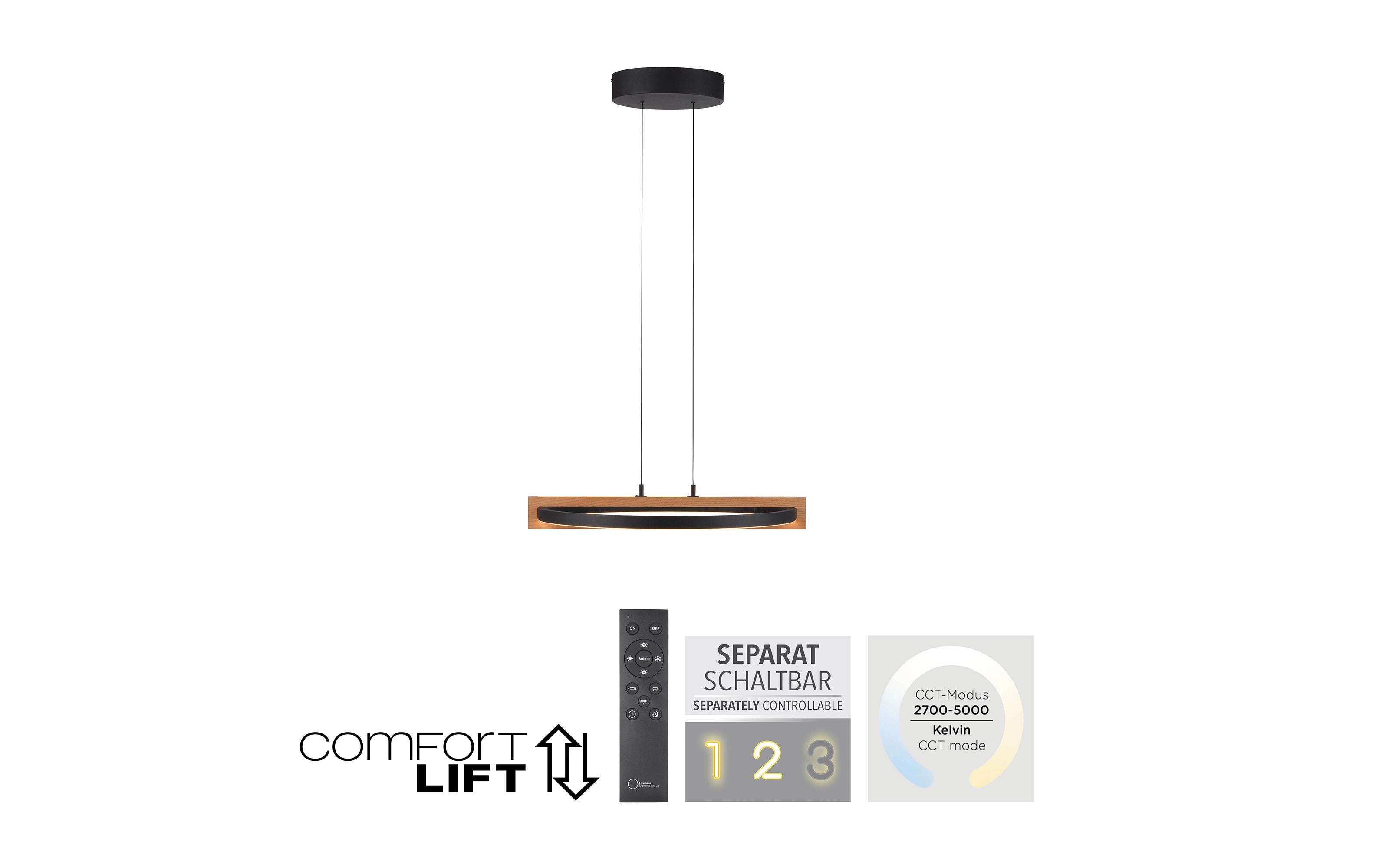 LED-Pendelleuchte Mondo Famera, holz/schwarz, 1-flammig, inkl. CCT und Fernbedienung