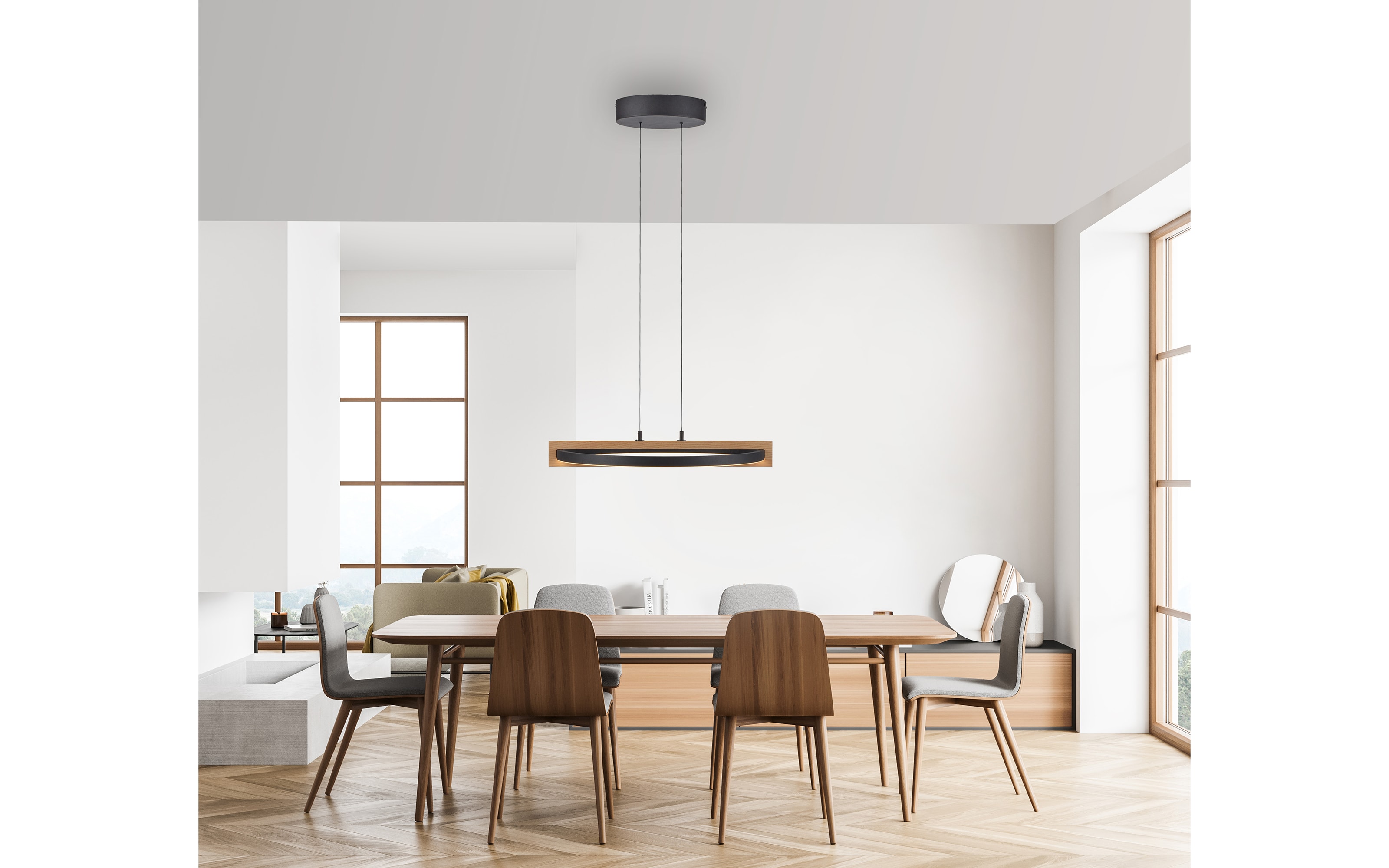 LED-Pendelleuchte Mondo Famera, holz/schwarz, 1-flammig, inkl. CCT und Fernbedienung