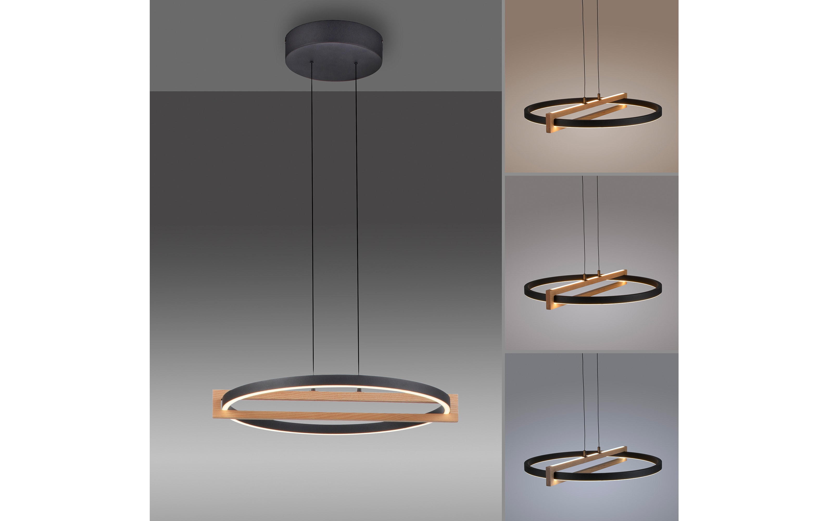 LED-Pendelleuchte Mondo Famera, holz/schwarz, 1-flammig, inkl. CCT und Fernbedienung