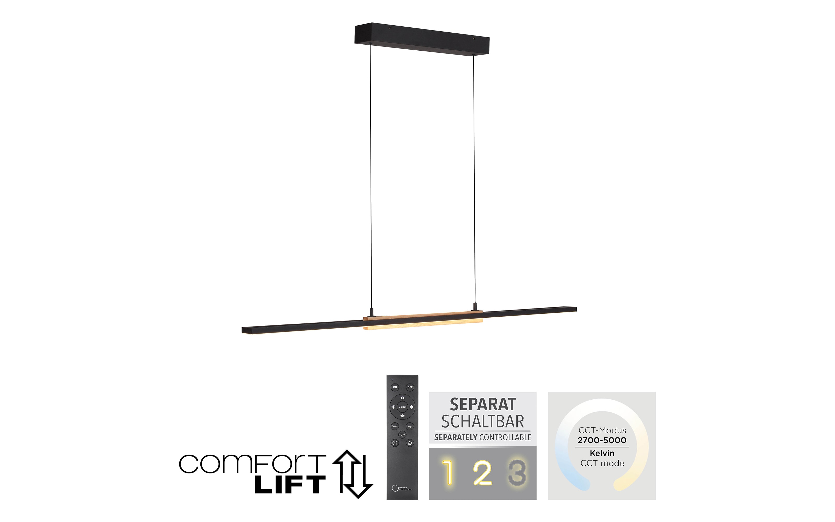 LED-Pendelleuchte Mondo Famera, holz/schwarz, inkl. CCT und Fernbedienung