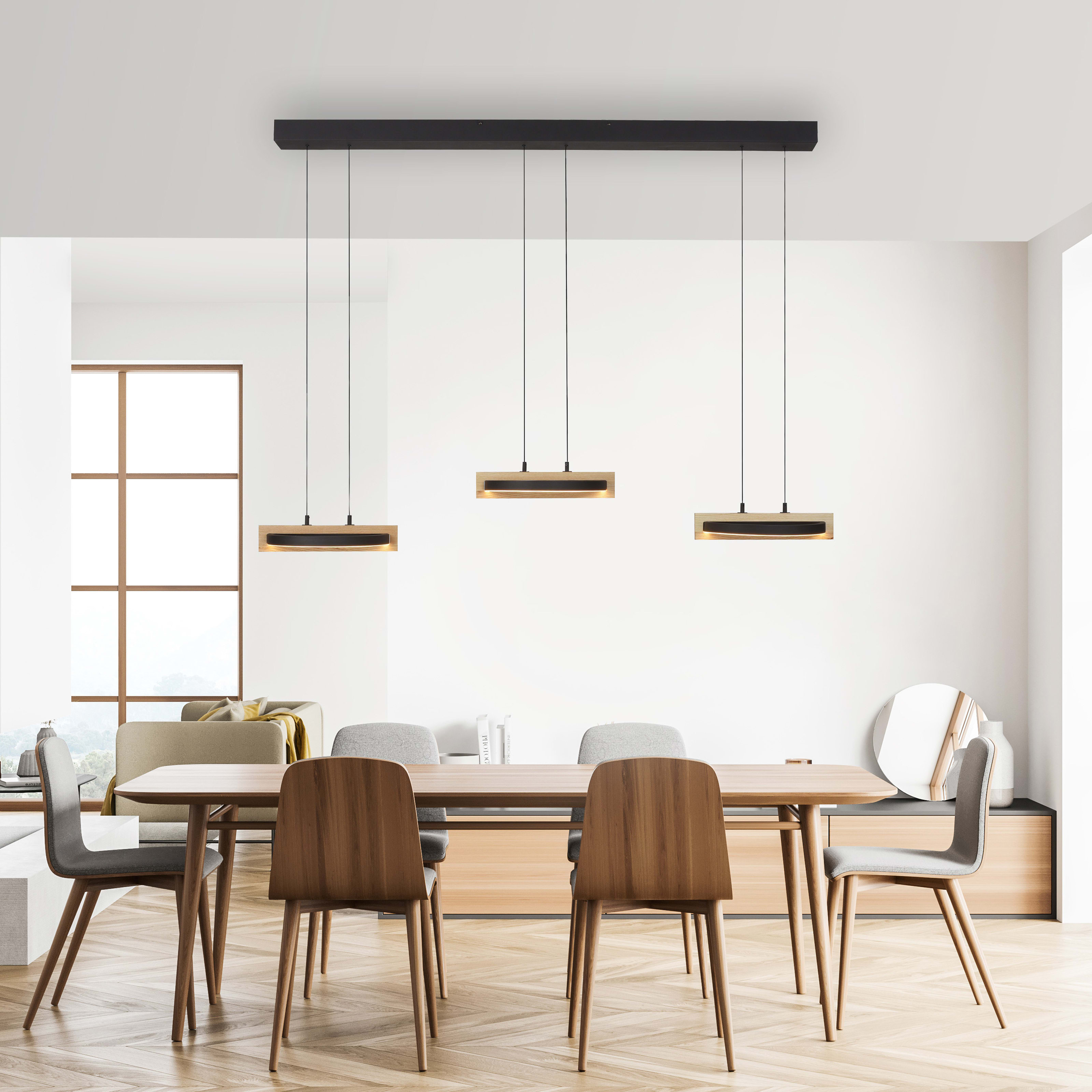 LED-Pendelleuchte Mondo Famera, holz/schwarz, 3-flammig, inkl. CCT und Fernbedienung