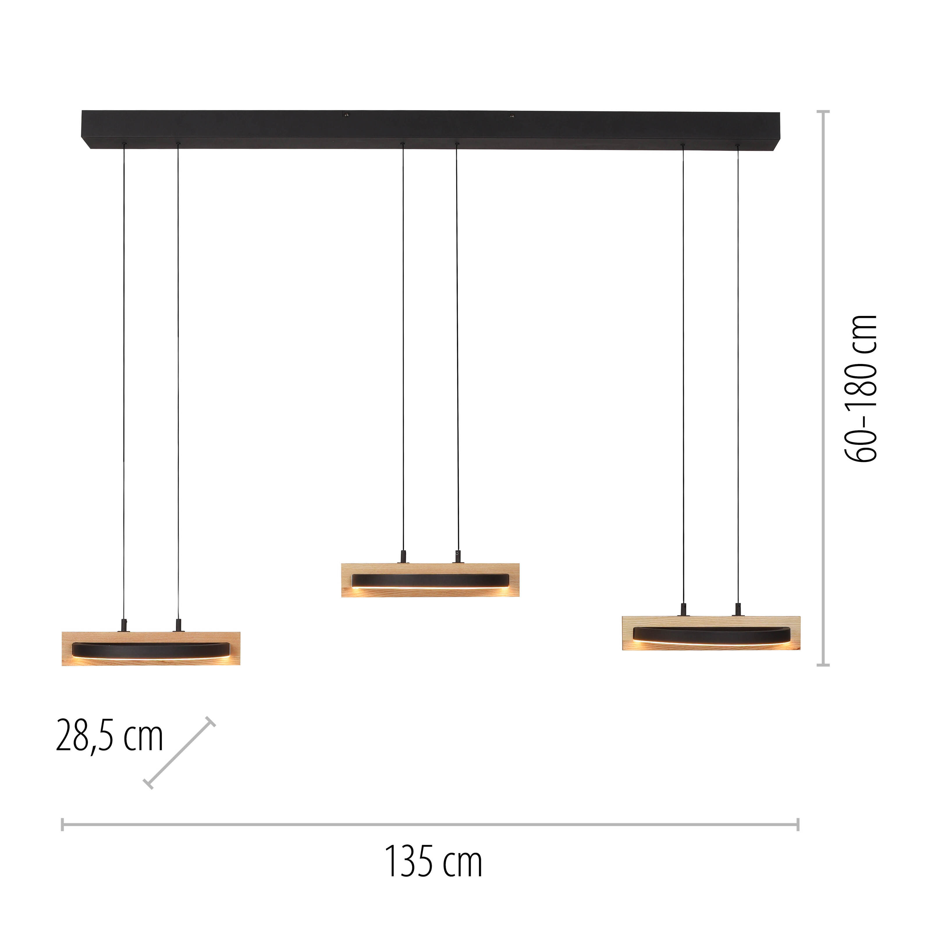LED-Pendelleuchte Mondo Famera, holz/schwarz, 3-flammig, inkl. CCT und Fernbedienung