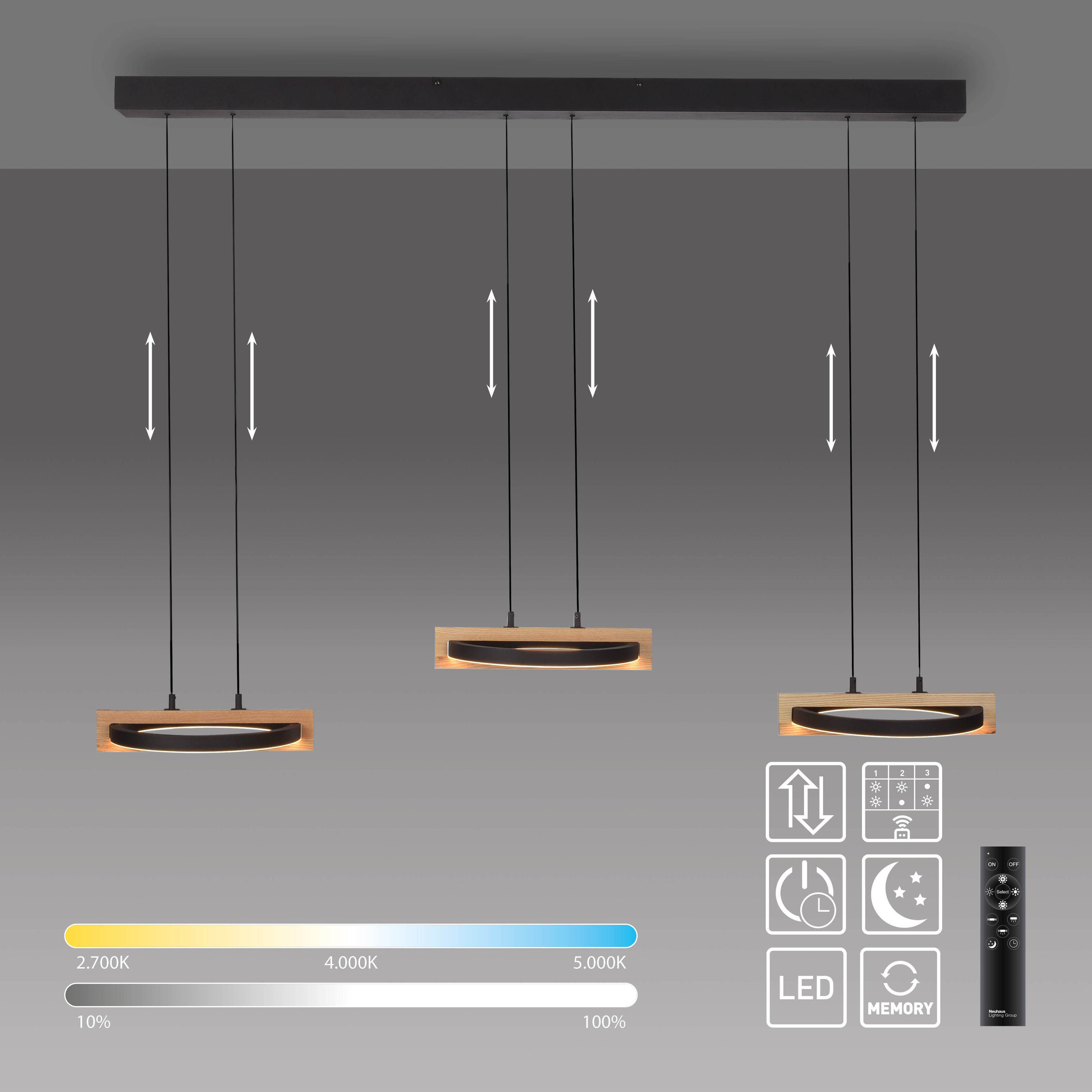 LED-Pendelleuchte Mondo Famera, holz/schwarz, 3-flammig, inkl. CCT und Fernbedienung