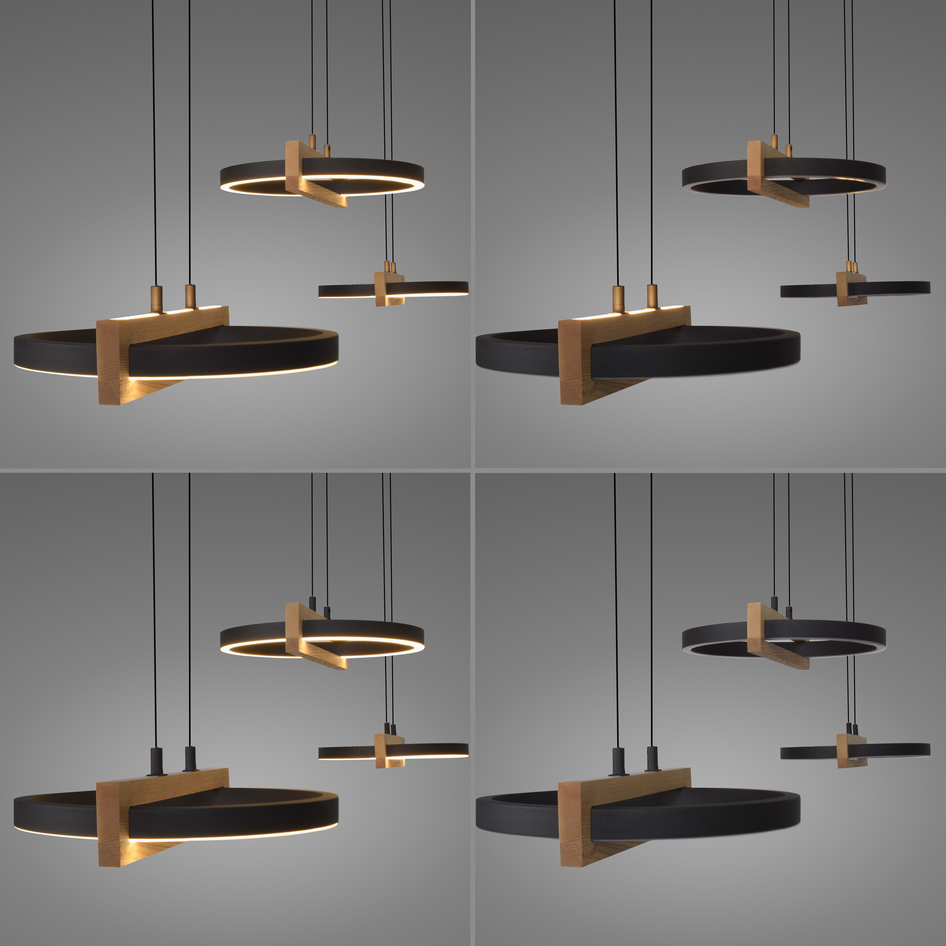 LED-Pendelleuchte Mondo Famera, holz/schwarz, 3-flammig, inkl. CCT und Fernbedienung