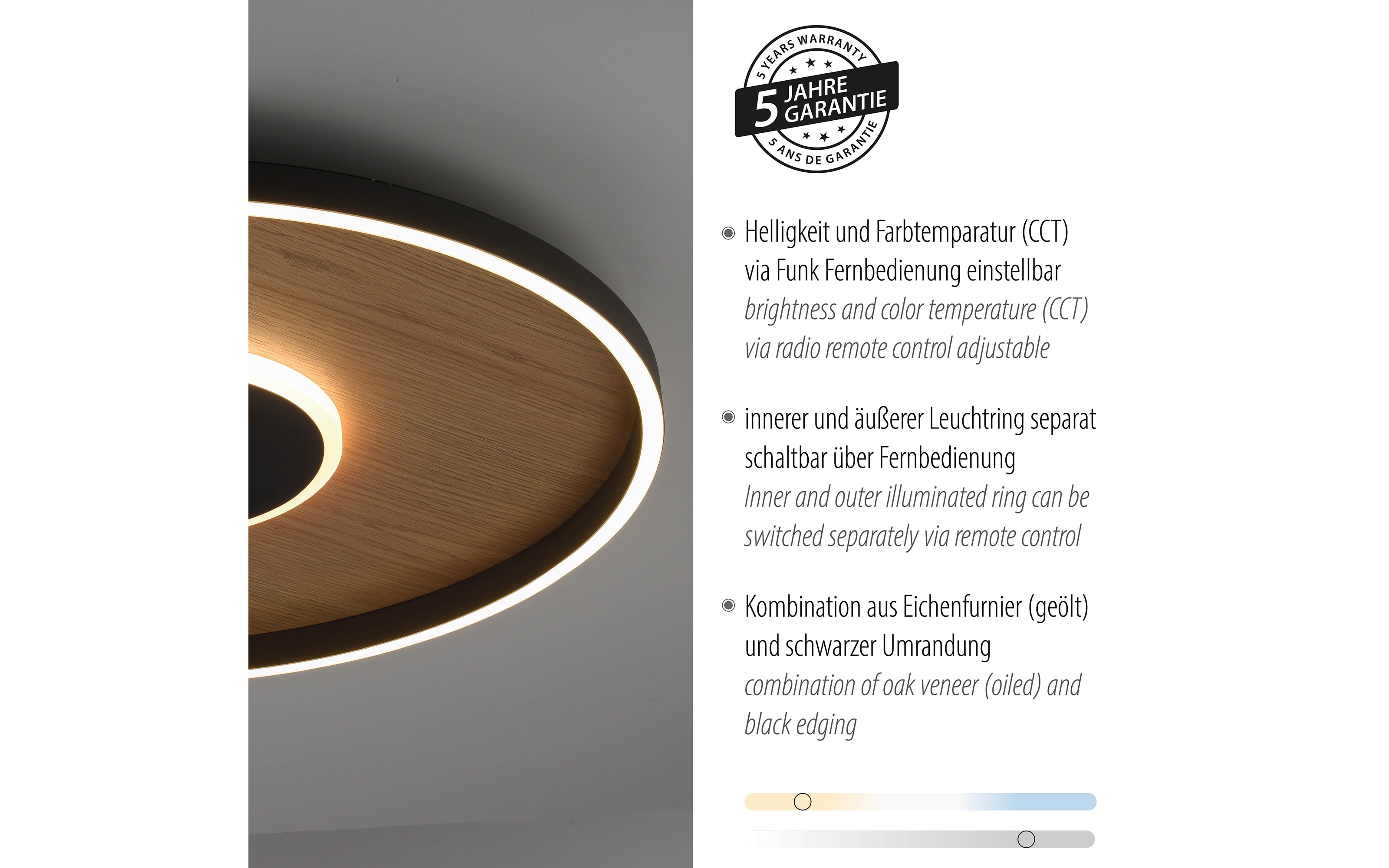 LED-Deckenleuchte Mondo Famera, holz/schwarz, inkl. CCT und Fernbedienung