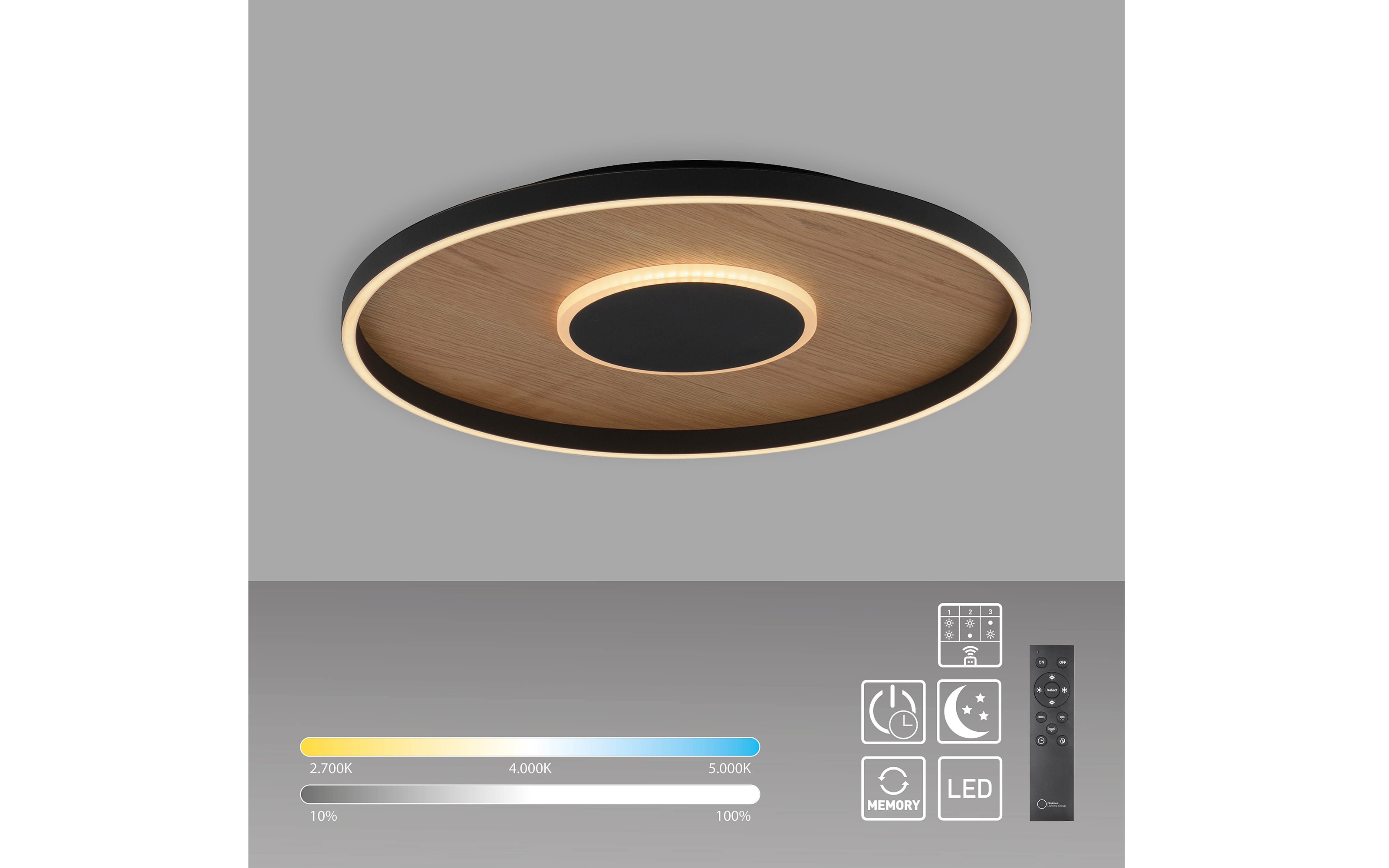 LED-Deckenleuchte Mondo Famera, holz/schwarz, inkl. CCT und Fernbedienung