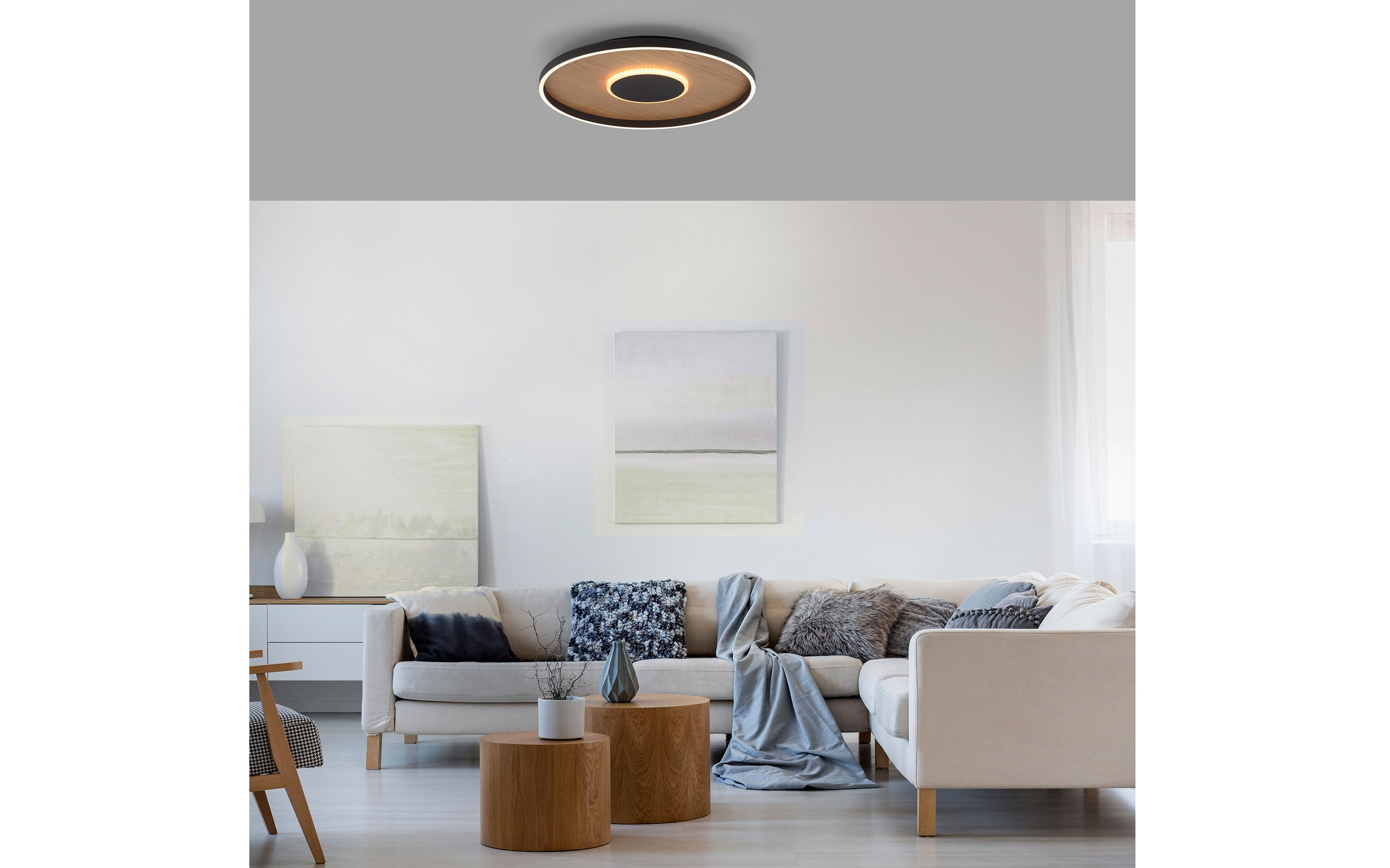 LED-Deckenleuchte Mondo Famera, holz/schwarz, inkl. CCT und Fernbedienung