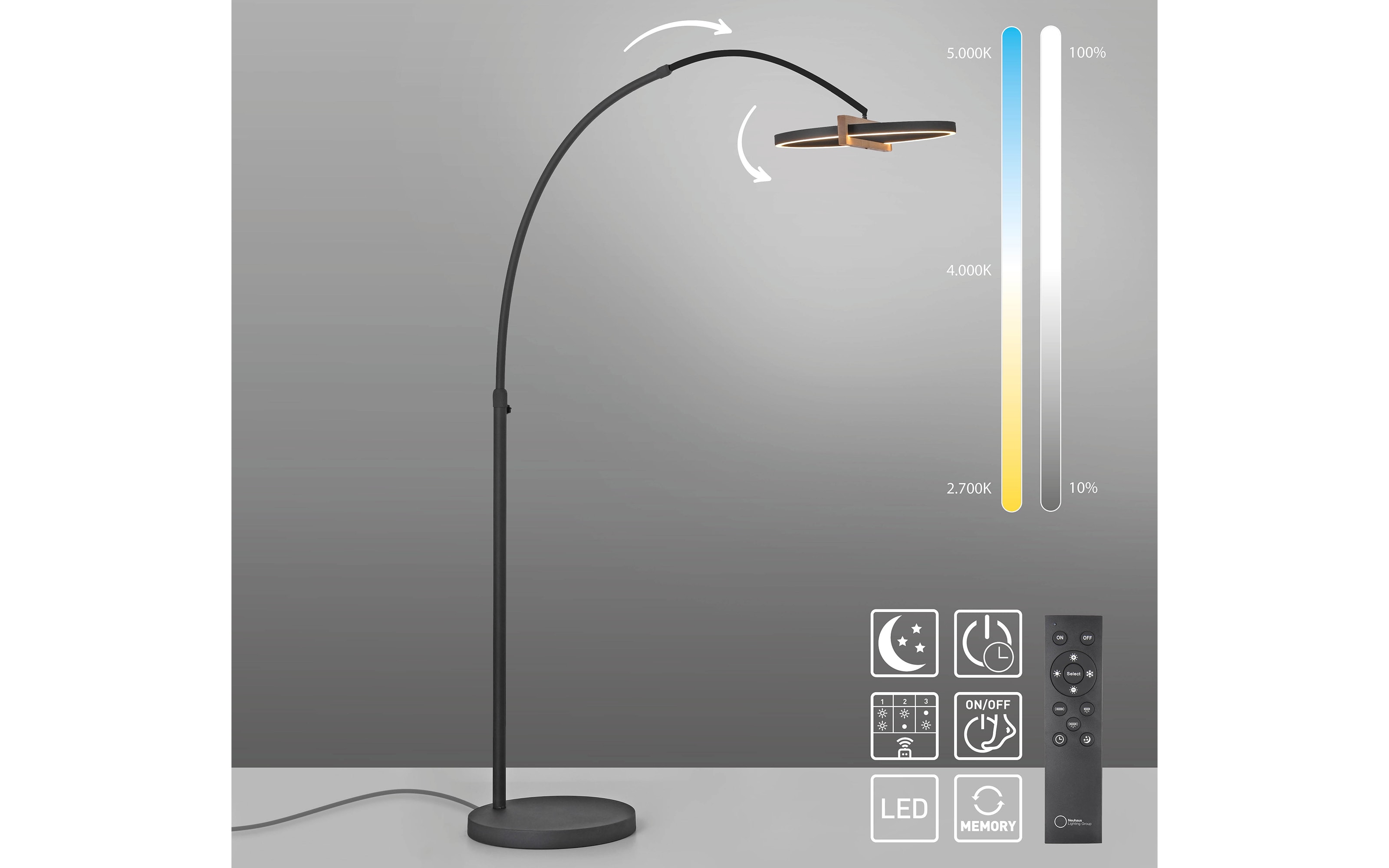 LED-Standleuchte Mondo Famera, holz/schwarz, inkl. CCT und Fernbedienung