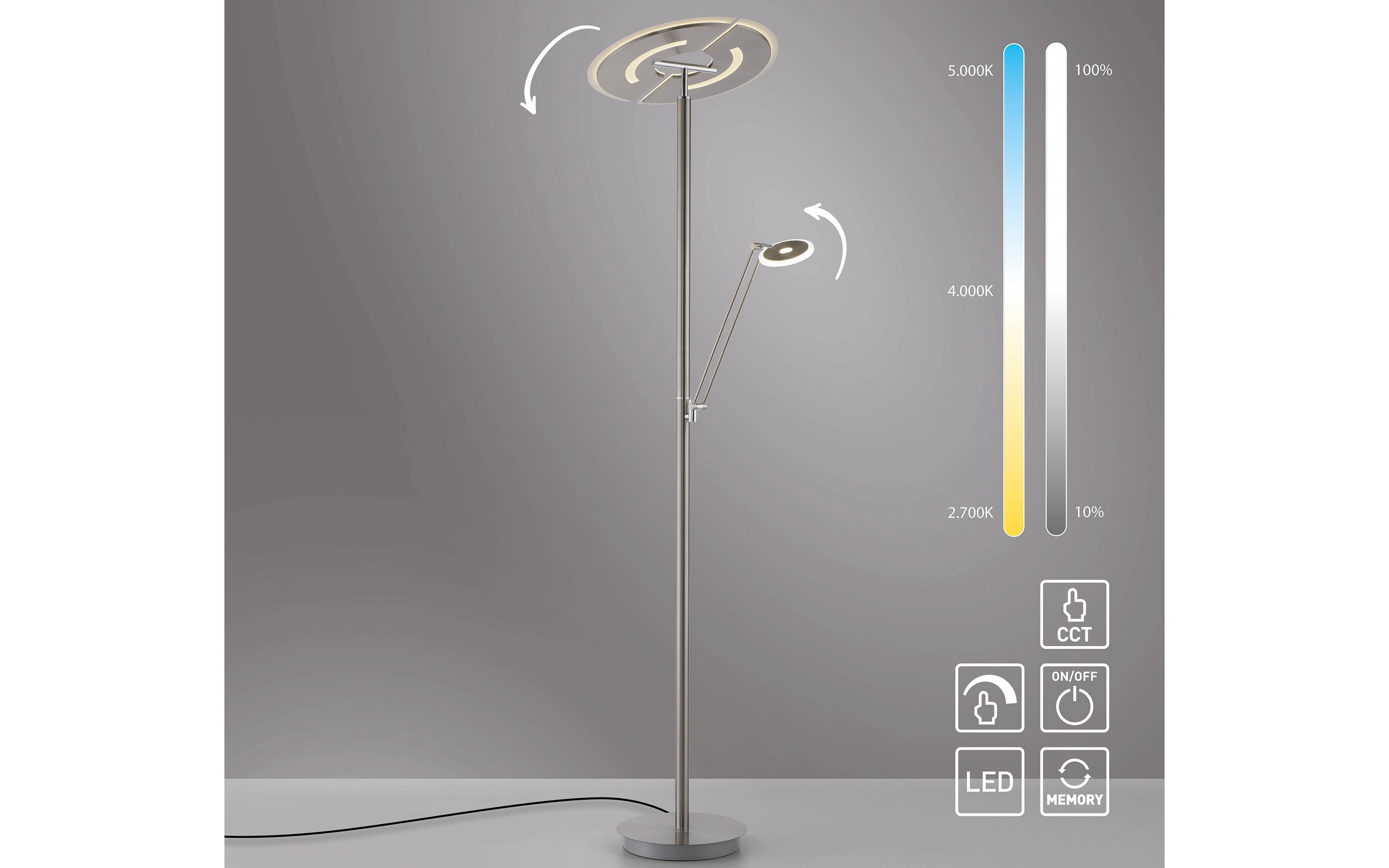 LED-Standleuchte Mondo Rimo, stahl, inkl. CCT und Memoryfunktion