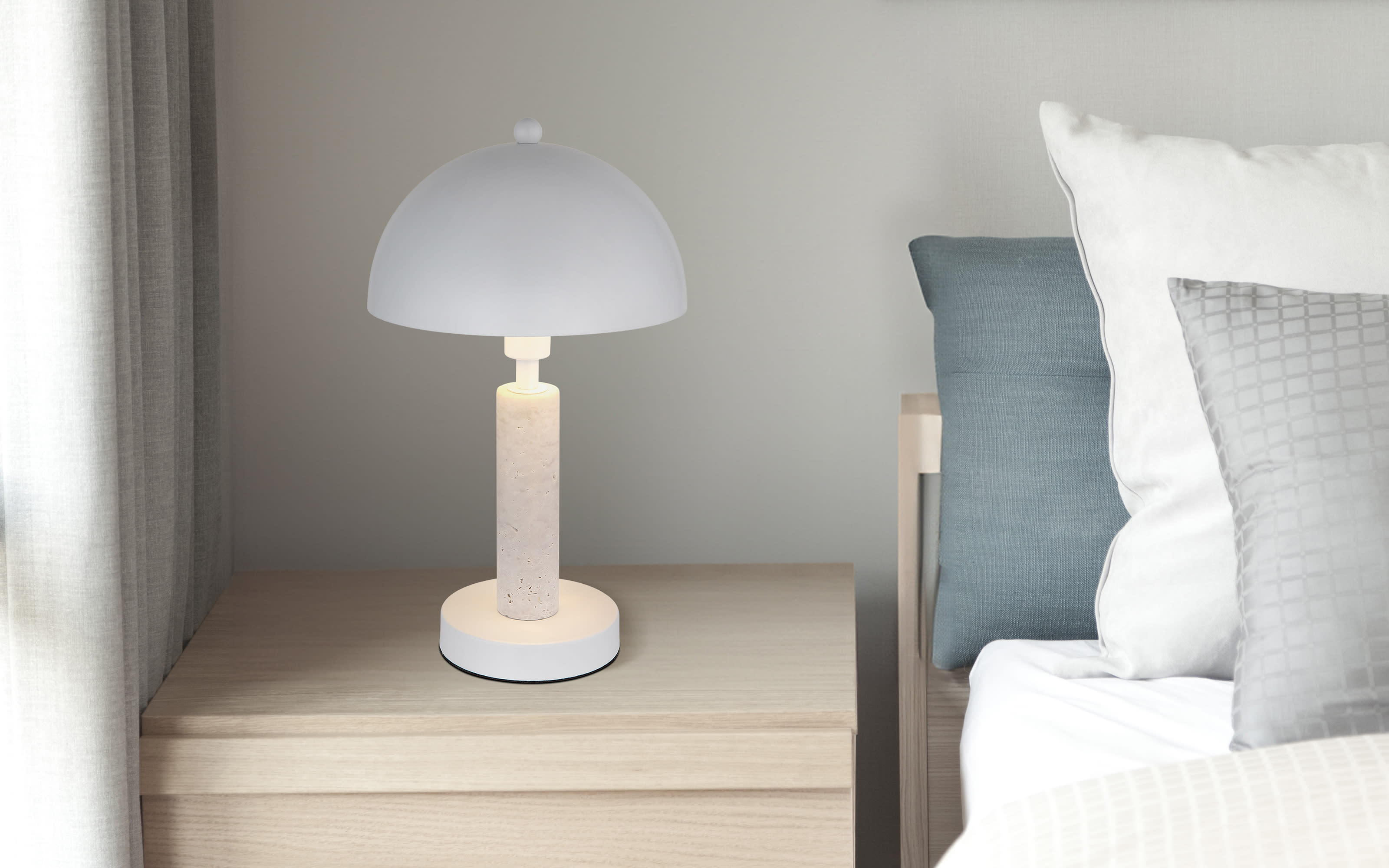 Tischleuchte Janie, weiß/Travertine-Nachbildung