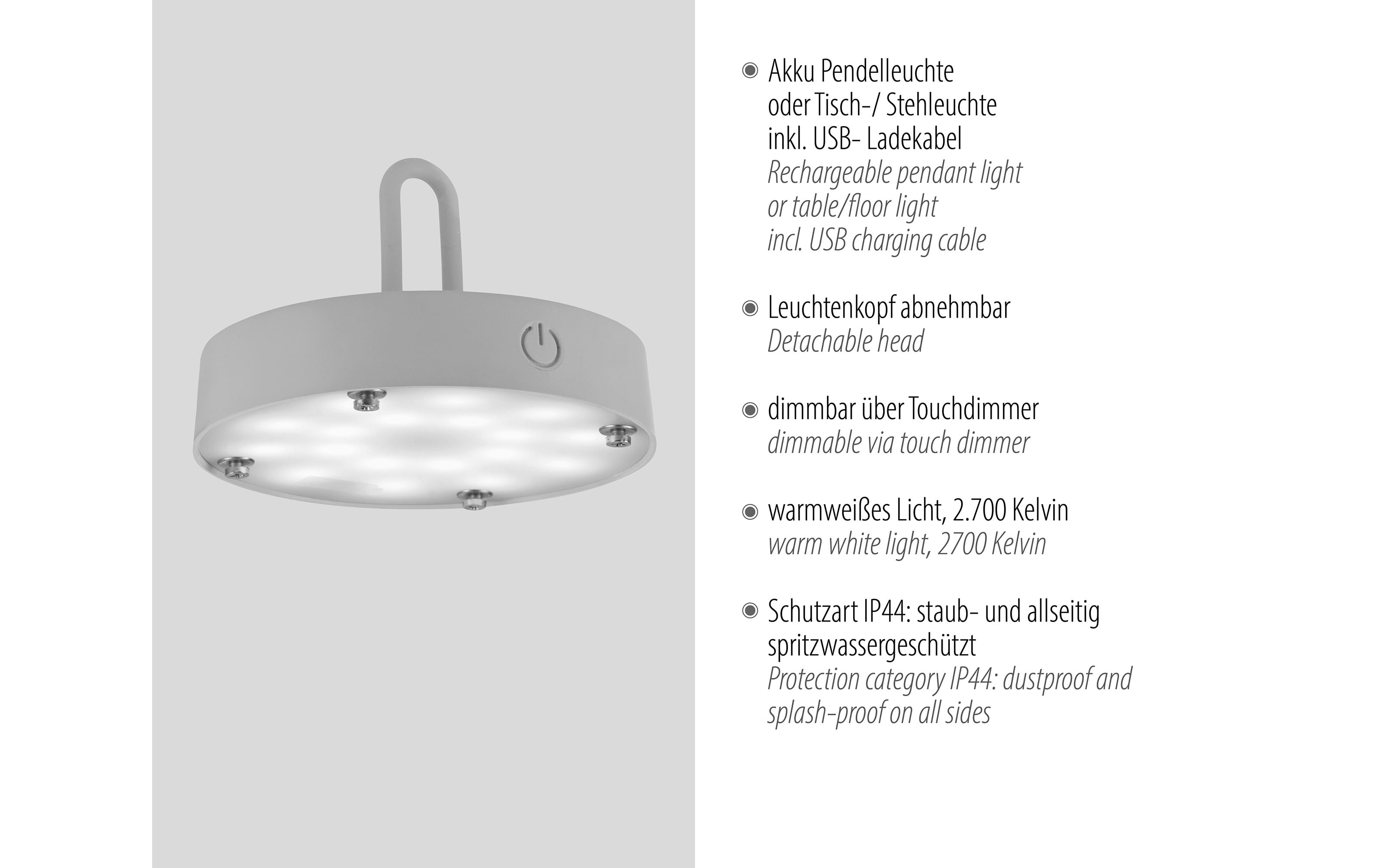 LED-Akkupendelleuchte Akuba, greige, 36 cm, inkl. Memoryfunktion