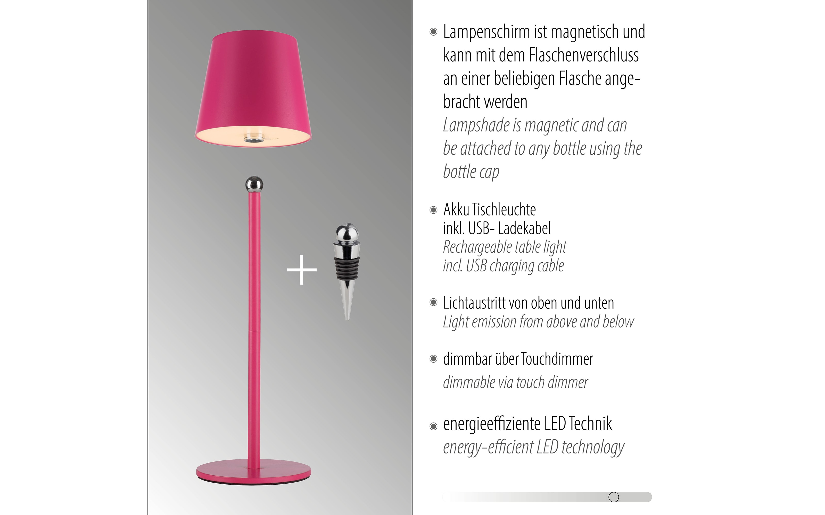 LED-Akku Tischleuchte Boteria, pink, inkl. Flaschenverschluss