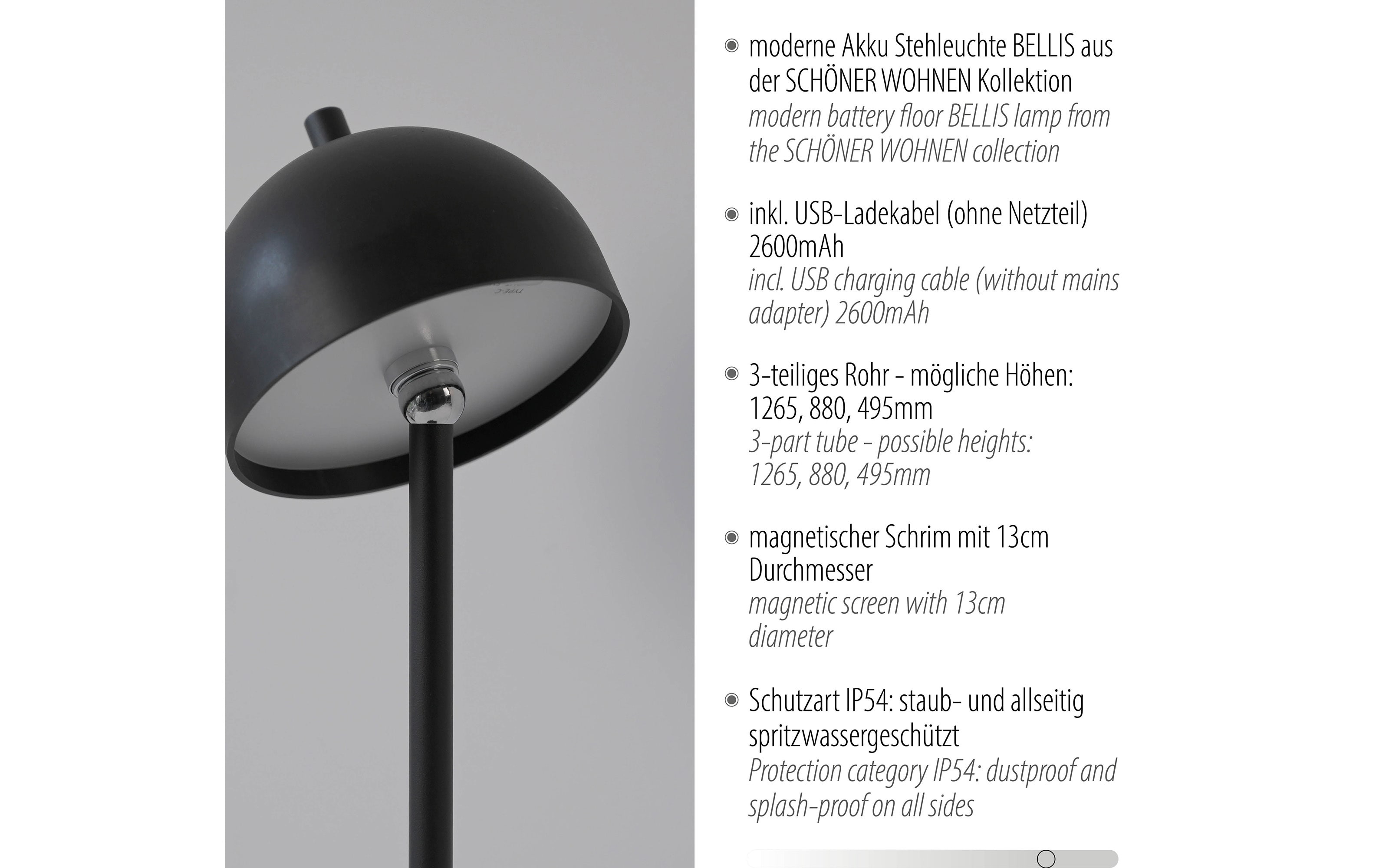 AKKU-Stehleuchte Bellis, schwarz