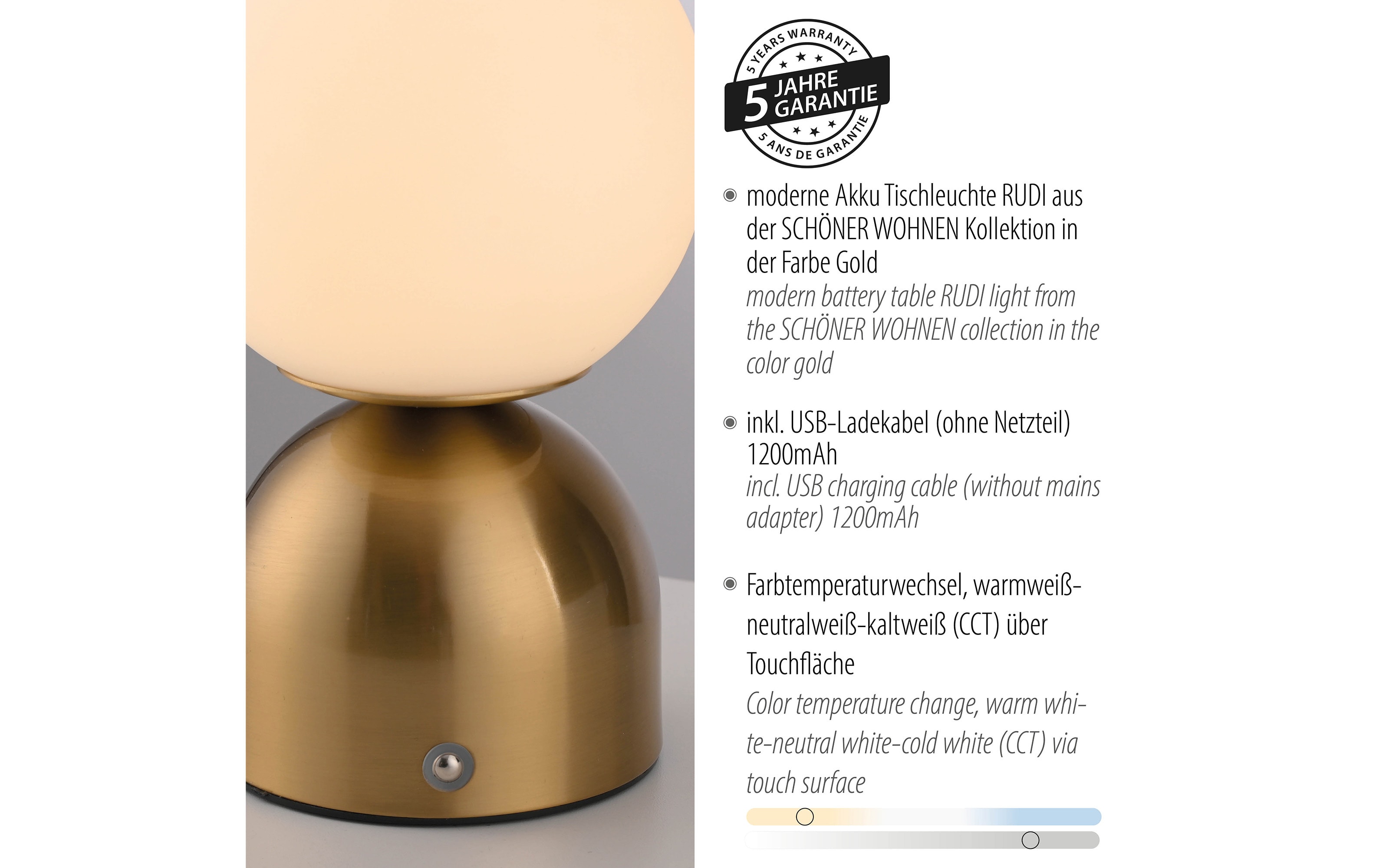 LED-Akkutischleuchte Rudi Schöner Wohnen, goldfarbig, inkl. CCT Funktion