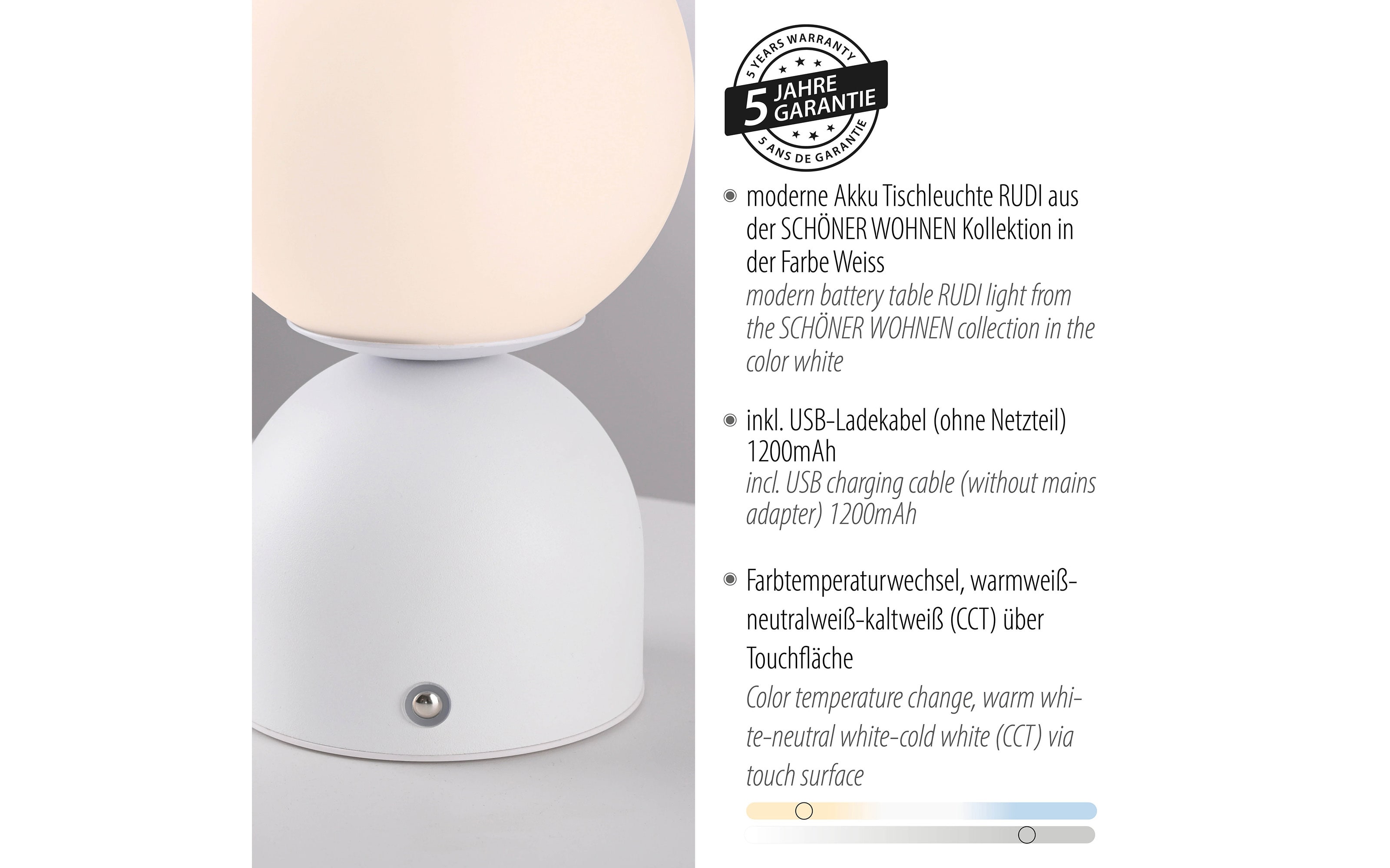 LED-Akkutischleuchte Rudi Schöner Wohnen, weiß, inkl. CCT Funktion