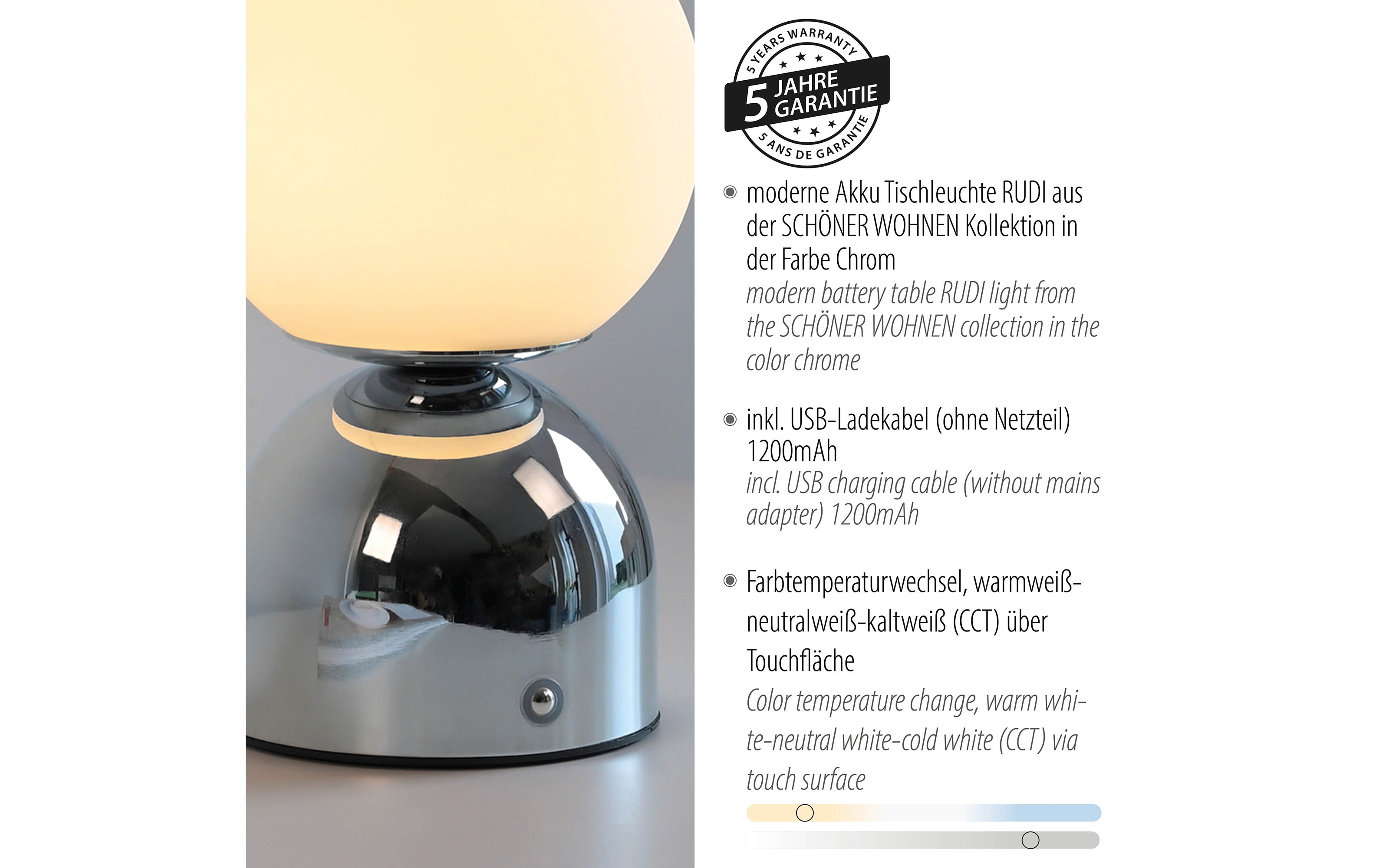 LED-Akkutischleuchte Rudi Schöner Wohnen, chromfarbig, inkl. CCT Funktion