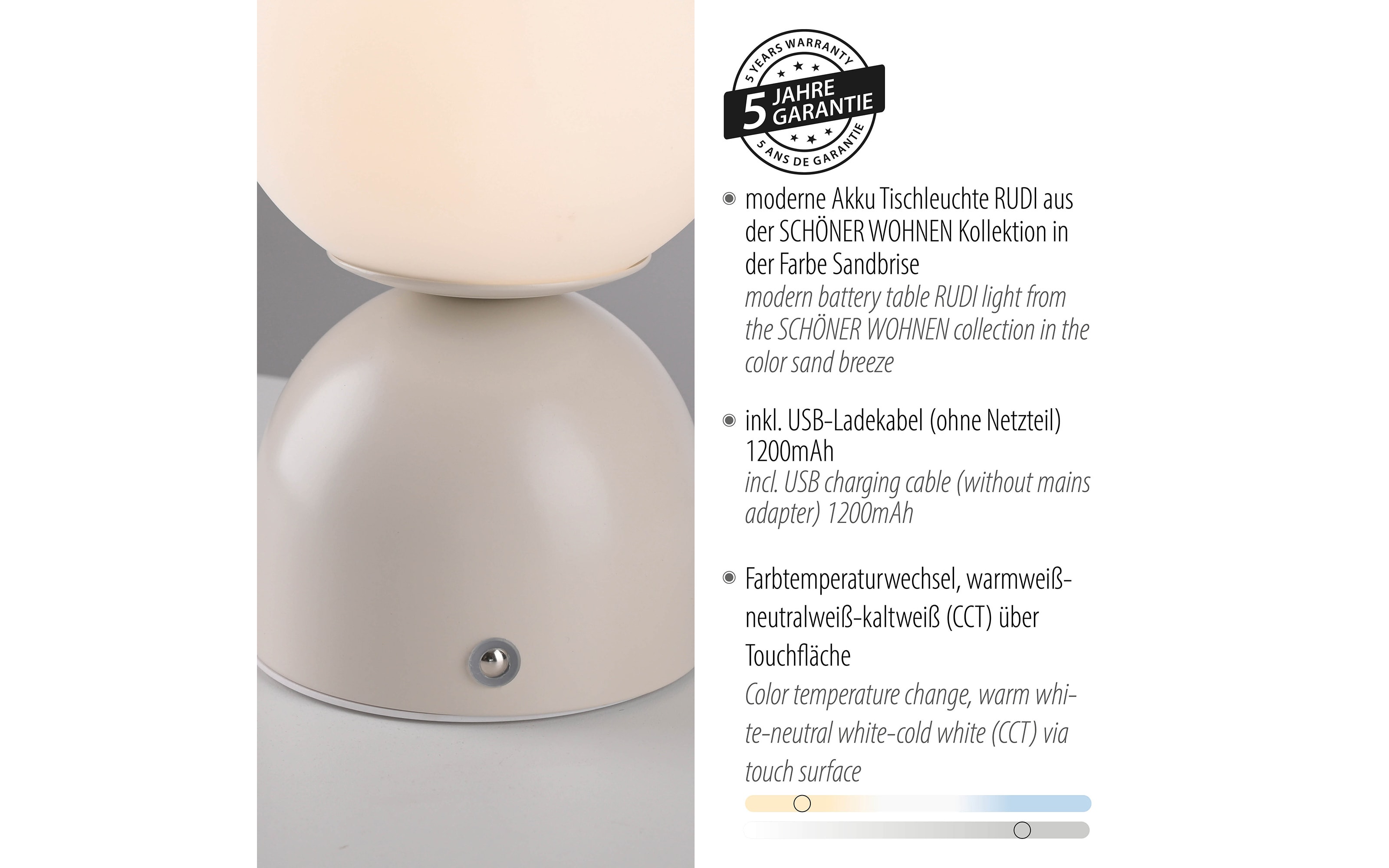 LED-Akkutischleuchte Rudi, sandfarbig, inkl. CCT Funktion