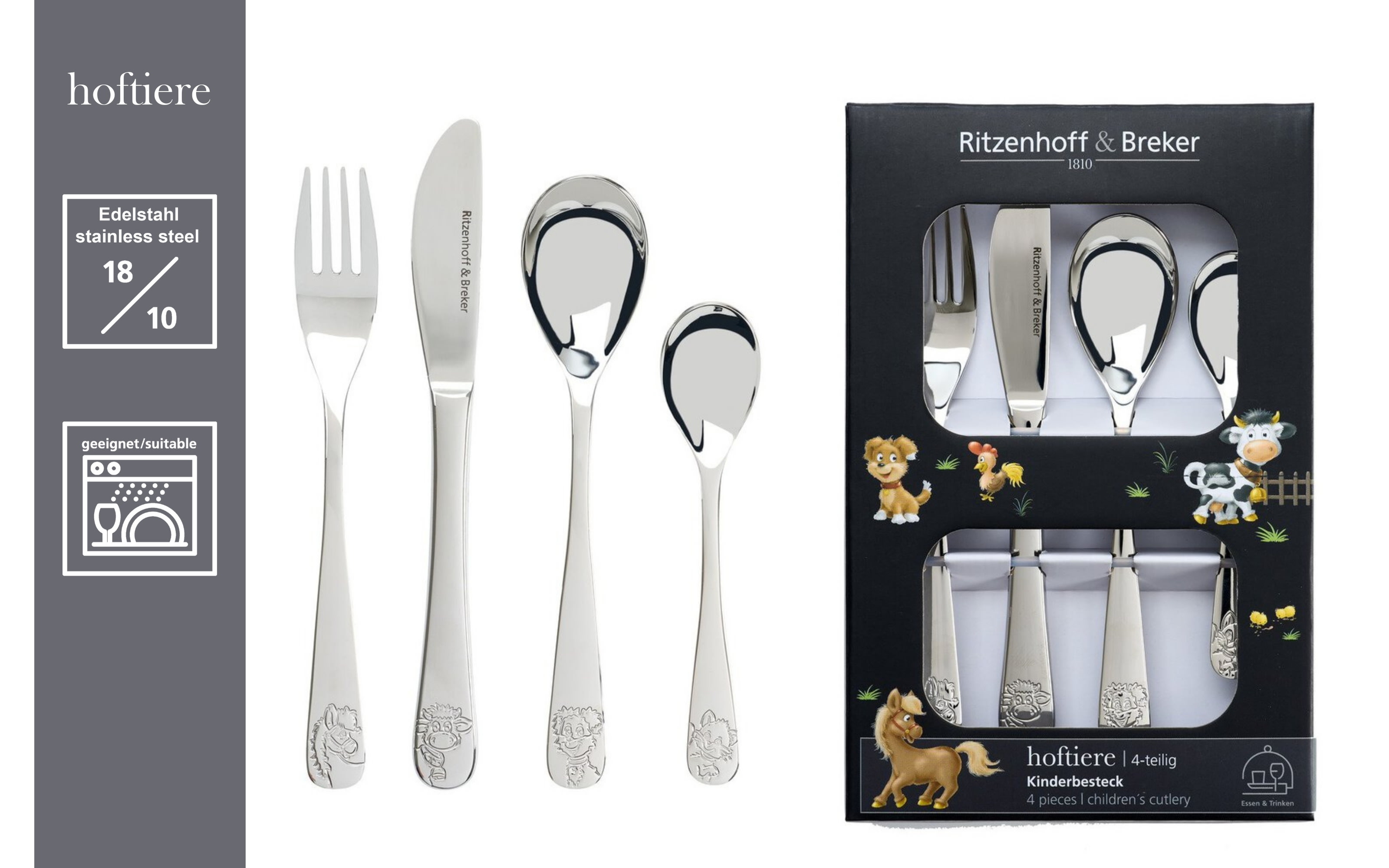 Kinderbesteckset Hoftiere, silber, 4-teilig