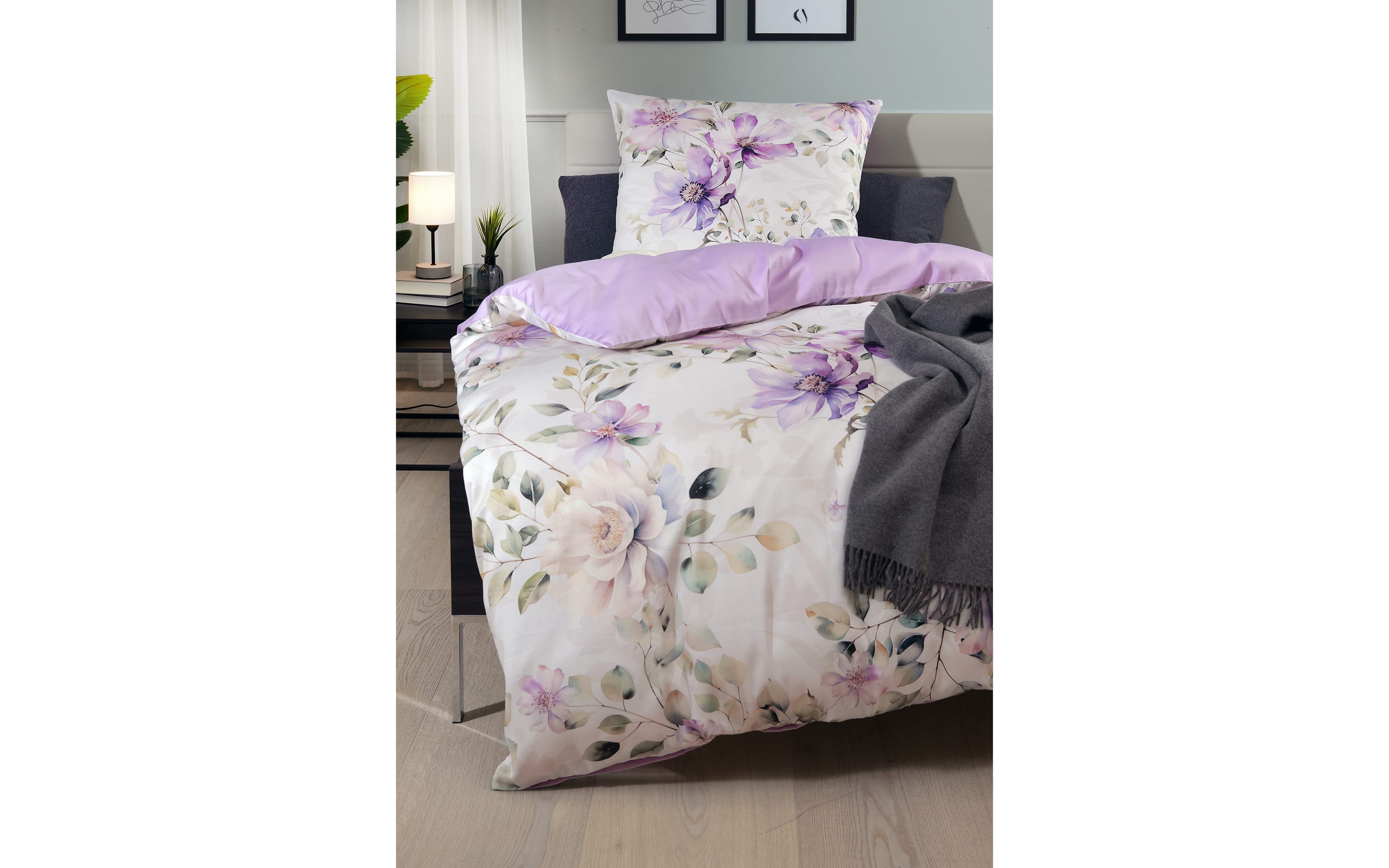 Wendebettwäsche Satin Violetta, weiß/violett, 135 x 200 cm