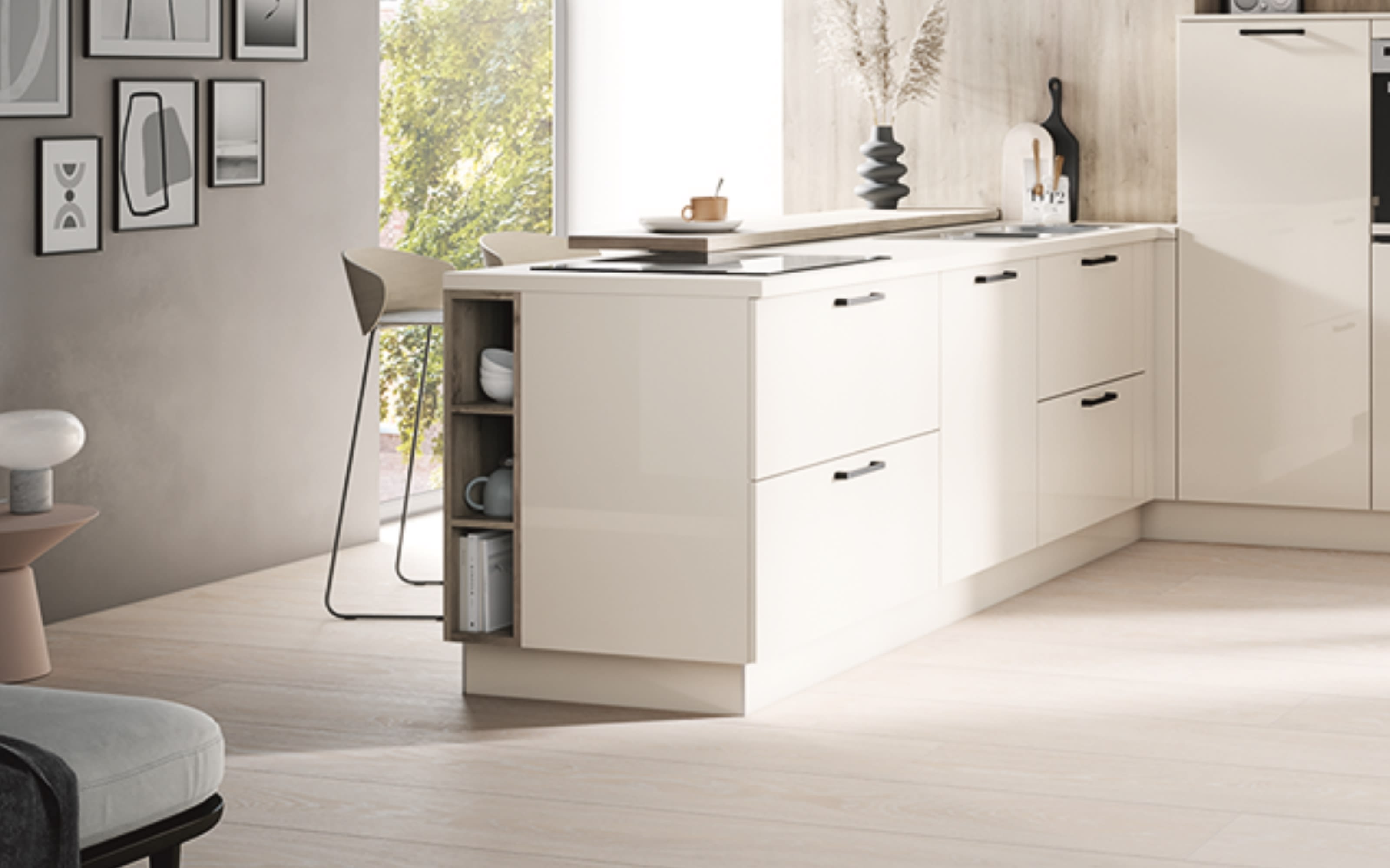 Einbauküche Laser brillant, crema magnolia, inkl. Siemens Elektrogeräte