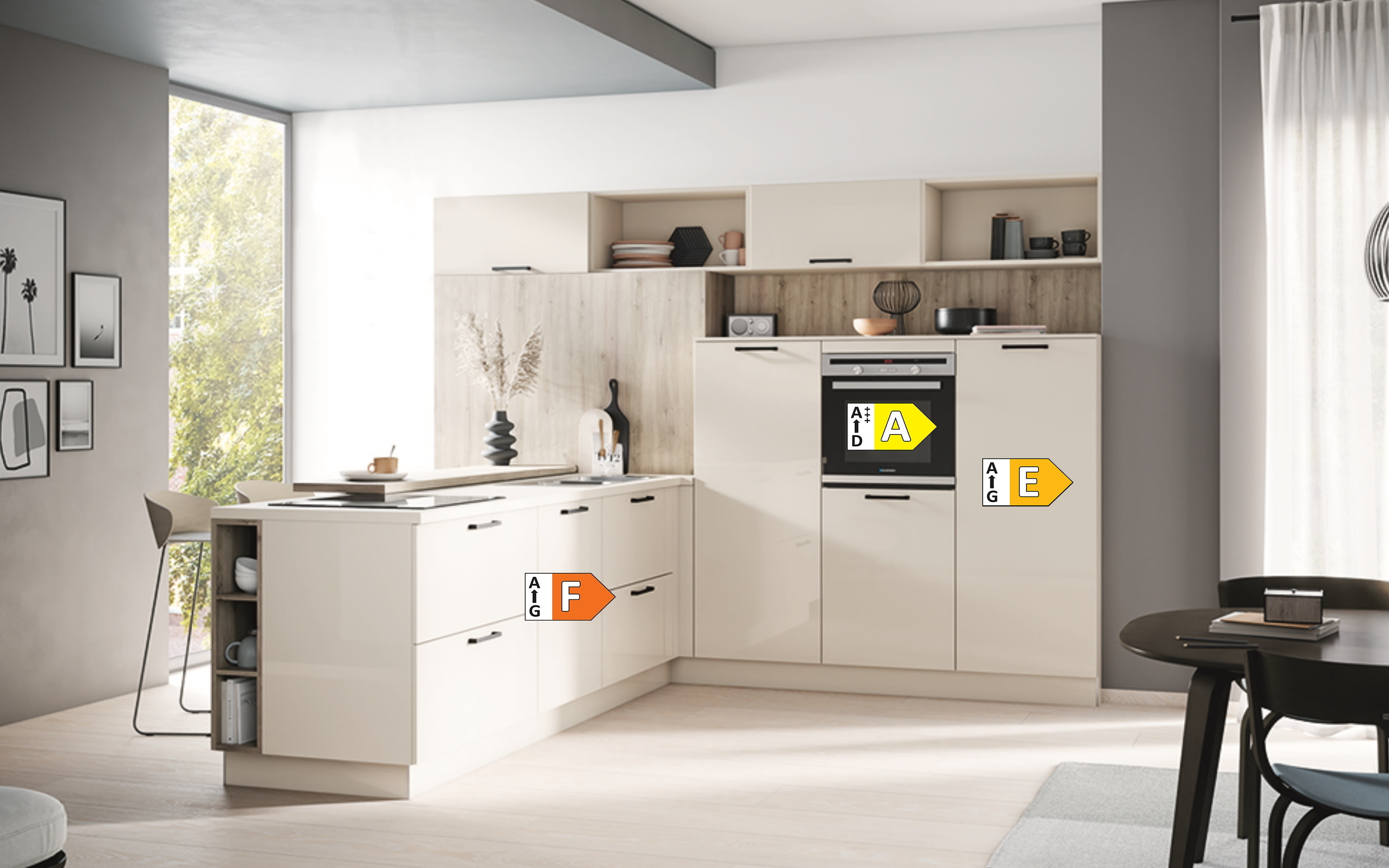 Einbauküche Laser brillant, crema magnolia, inkl. Siemens Elektrogeräte