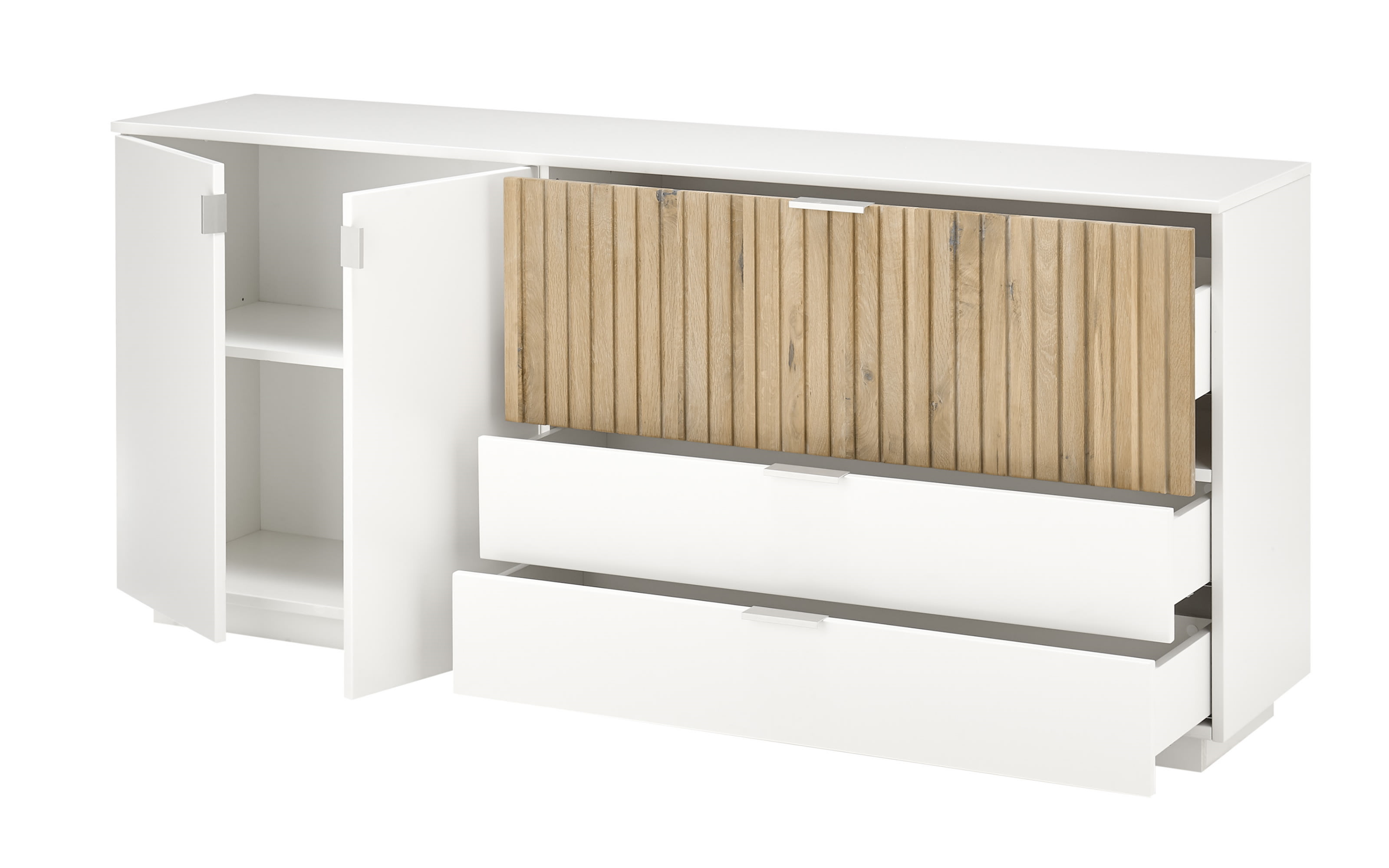 Sideboard Linea Q, weiß, grau lackiert, Absetzung Massivholz bianco geölt