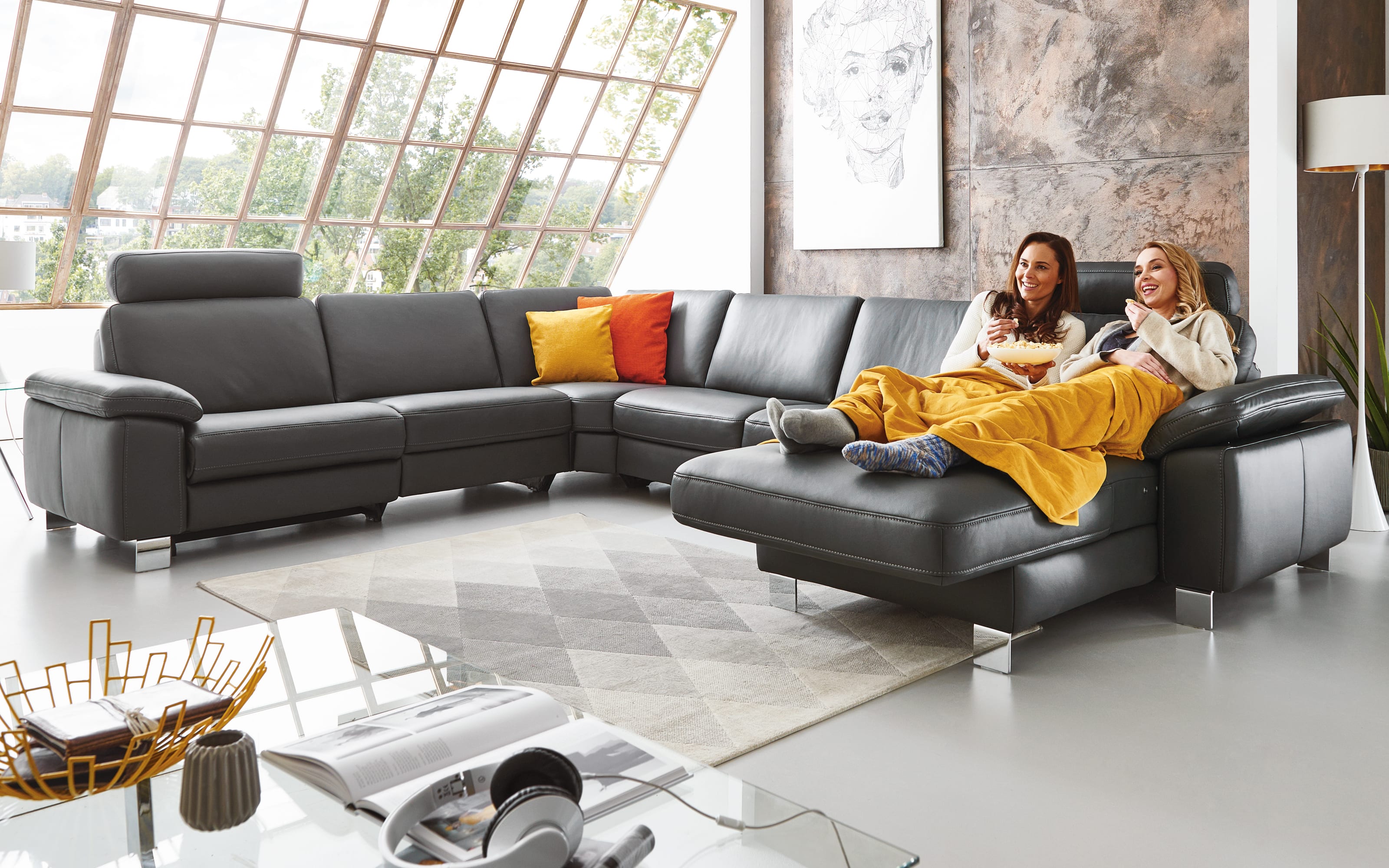 Wohnlandschaft Sofa Concept in schwarz, U-Form mit Funktionen online