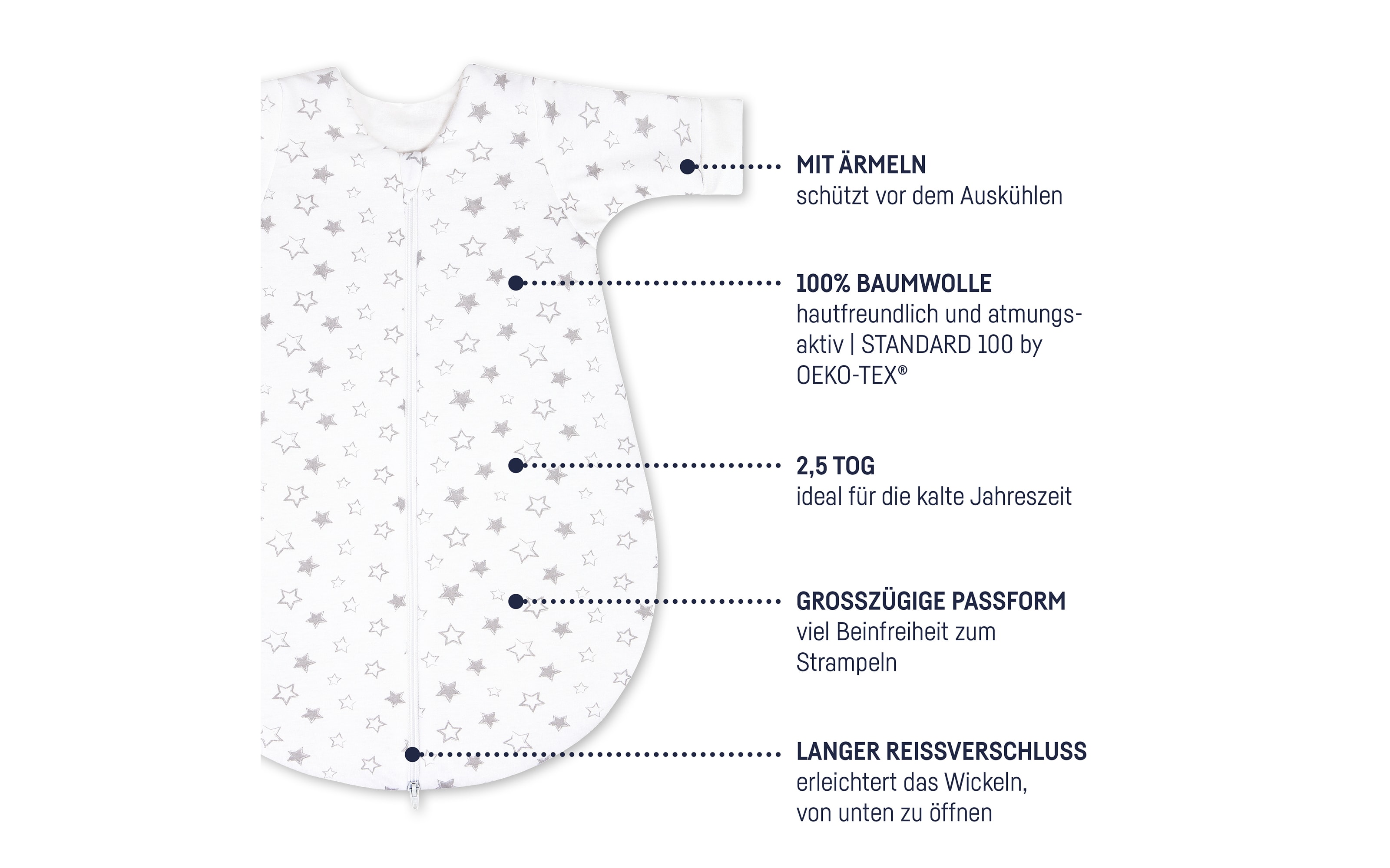 Jersey Winterschlafsack in weiß mit grauen Sternen, Länge ca. 86 cm