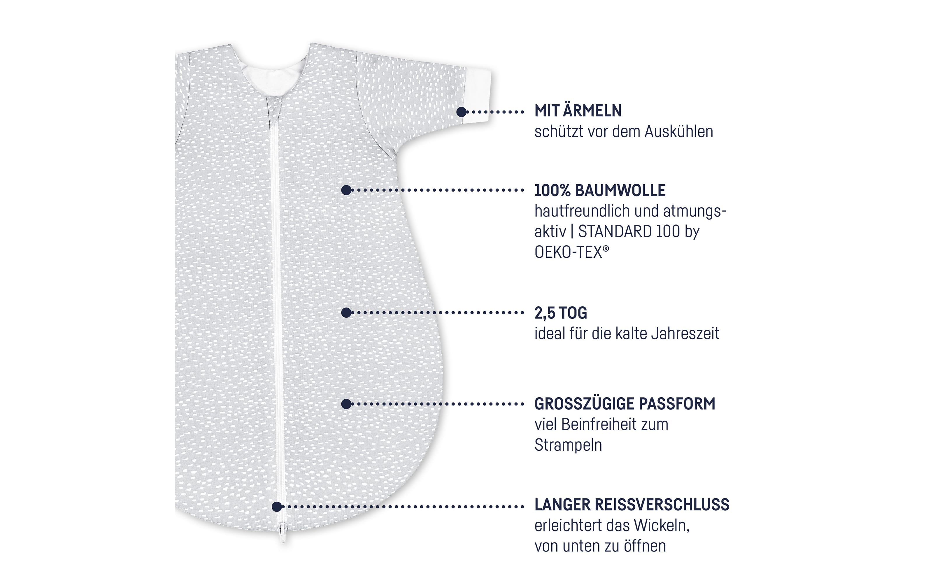 Jersey Winterschlafsack in grau mit weißem Muster, Länge ca. 62 cm