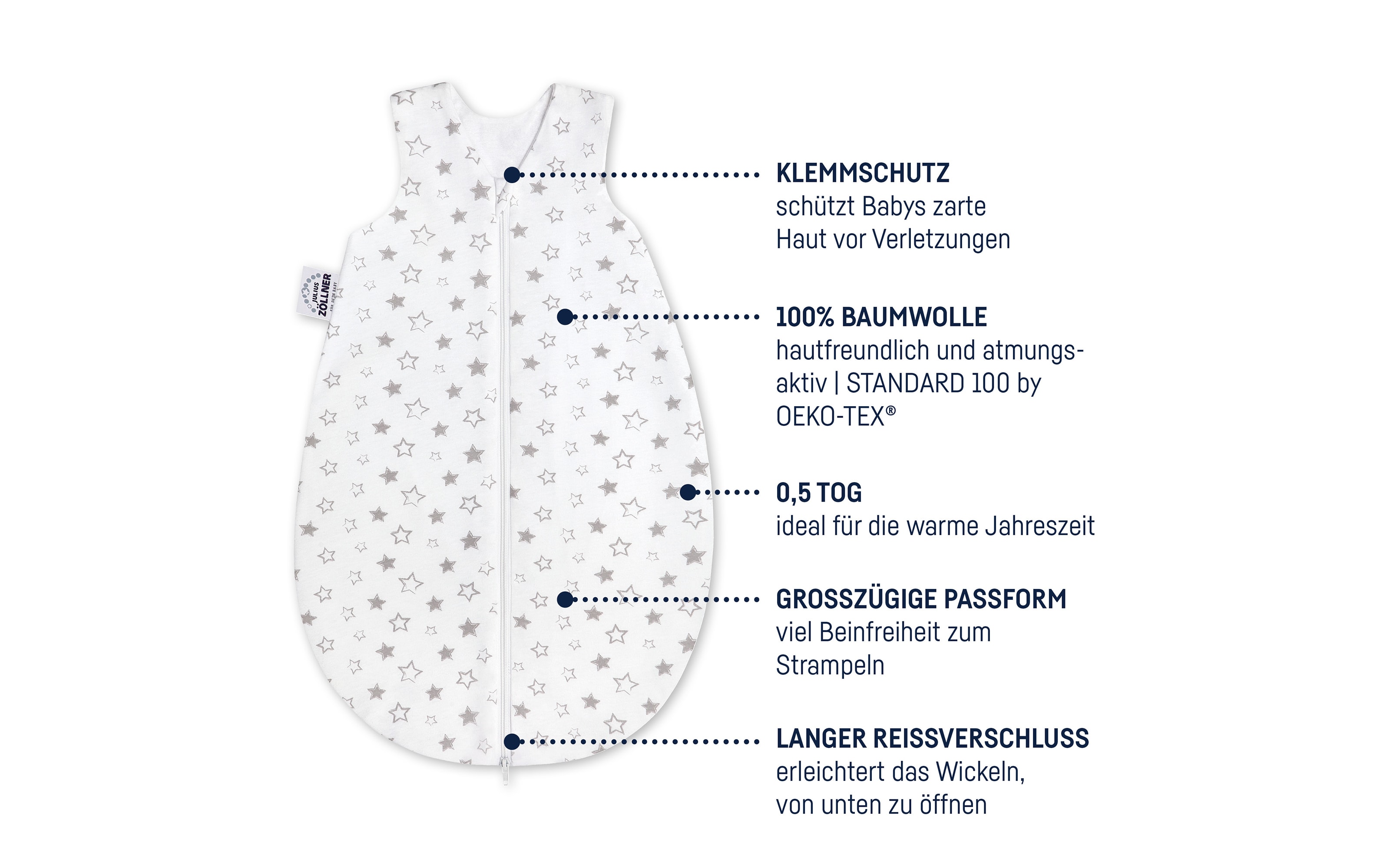 Jersey Sommerschlafsack in weiß mit grauen Sternen, Länge ca. 98 cm