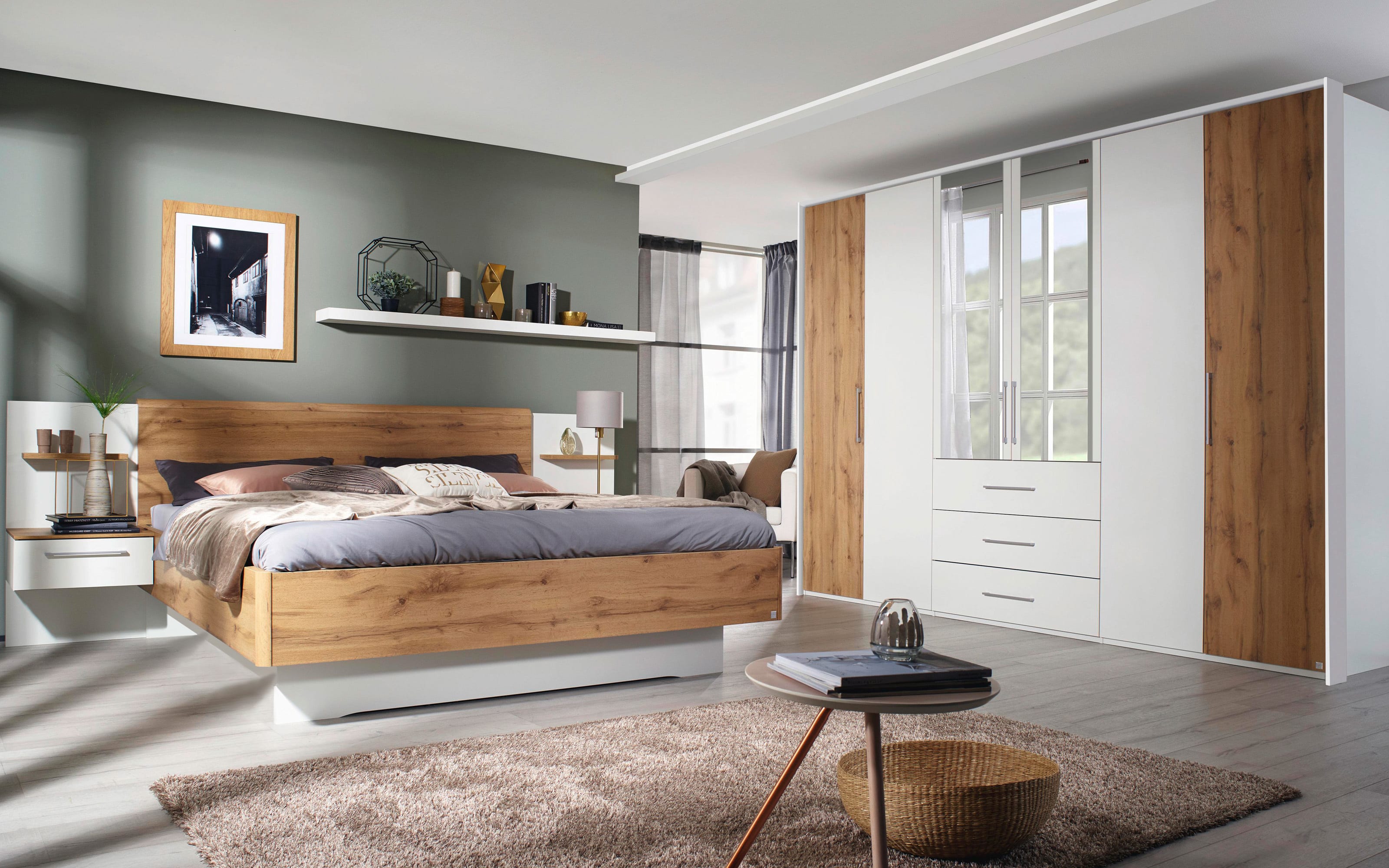 Schlafzimmer Novy in alpinweiß/ Eiche Wotan Nachbildung, ohne  Bettschubkasten