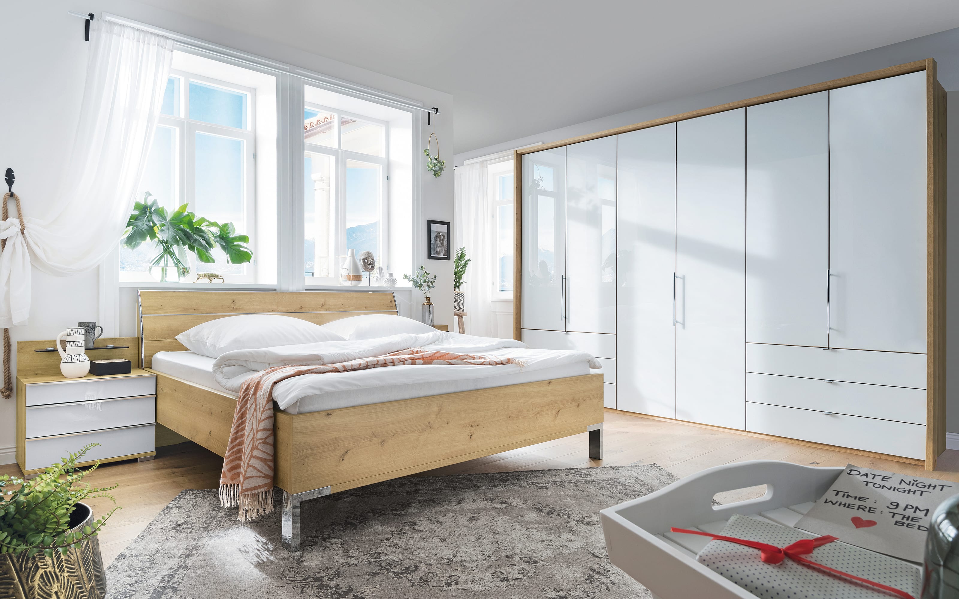 Schlafzimmer Loft in weiß/Bianco Eiche-Nachbildung, Liegefläche 180 x 200 cm, Schrankbreite 300cm 