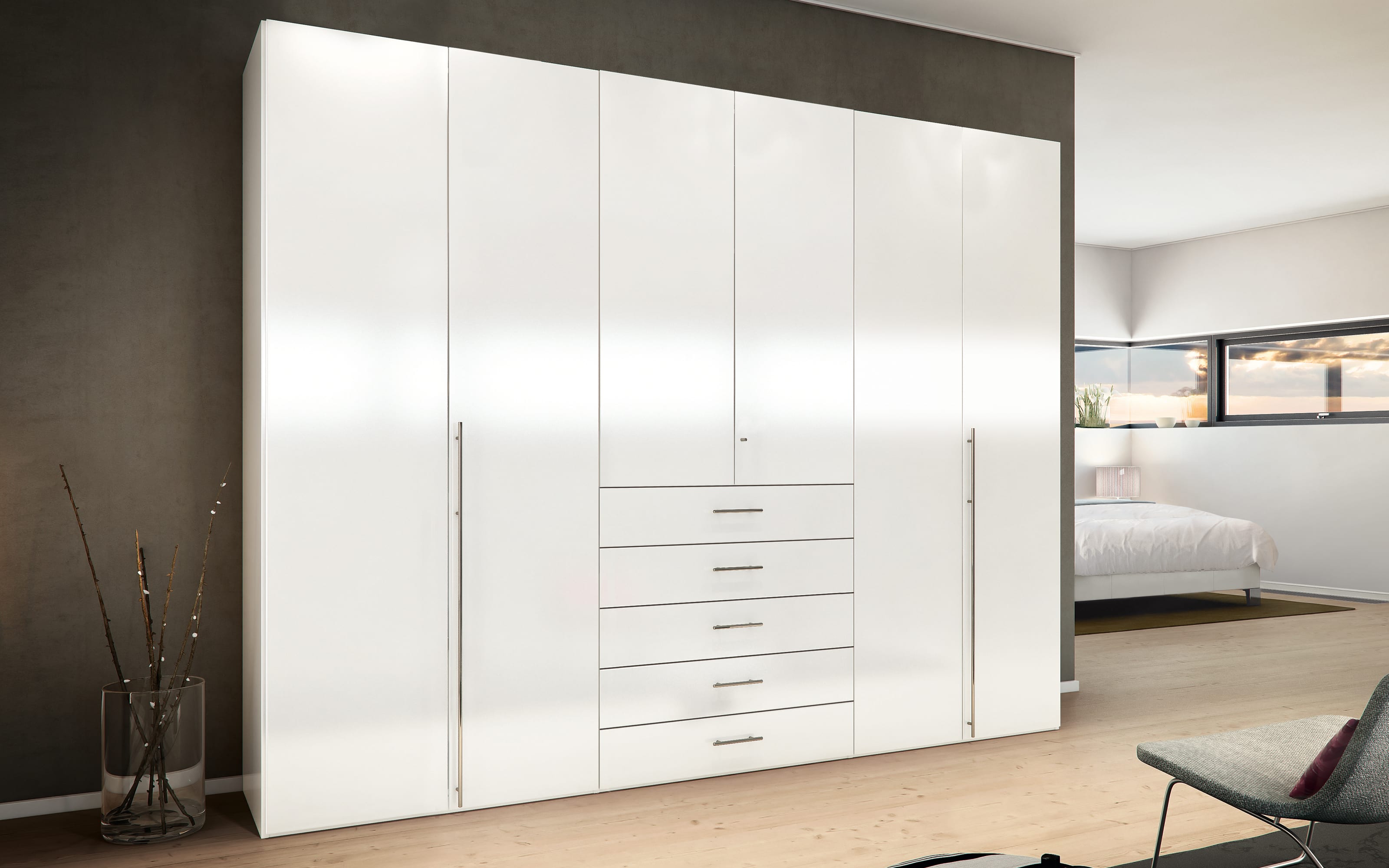 Falttürenkleiderschrank Multi-Forma in Hochglanz Lack weiß, inklusive 5 Schubkästen, Breite ca. 302 cm