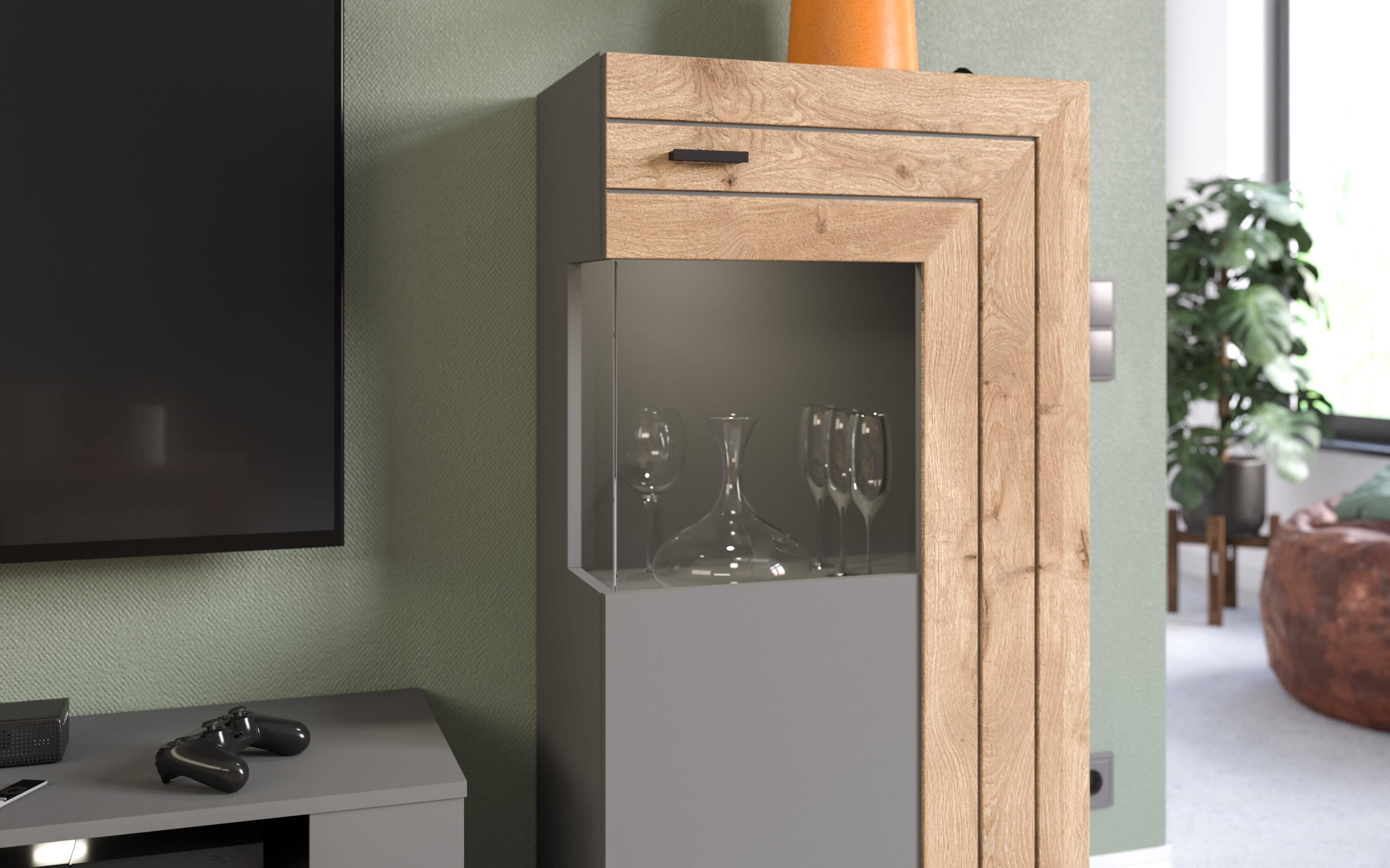 Wohnwand Freno in grau / Nox Oak Eiche Nachbildung